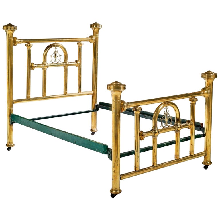 French Bed Frame of Polished Brass with Large Headboard, circa 1900 For