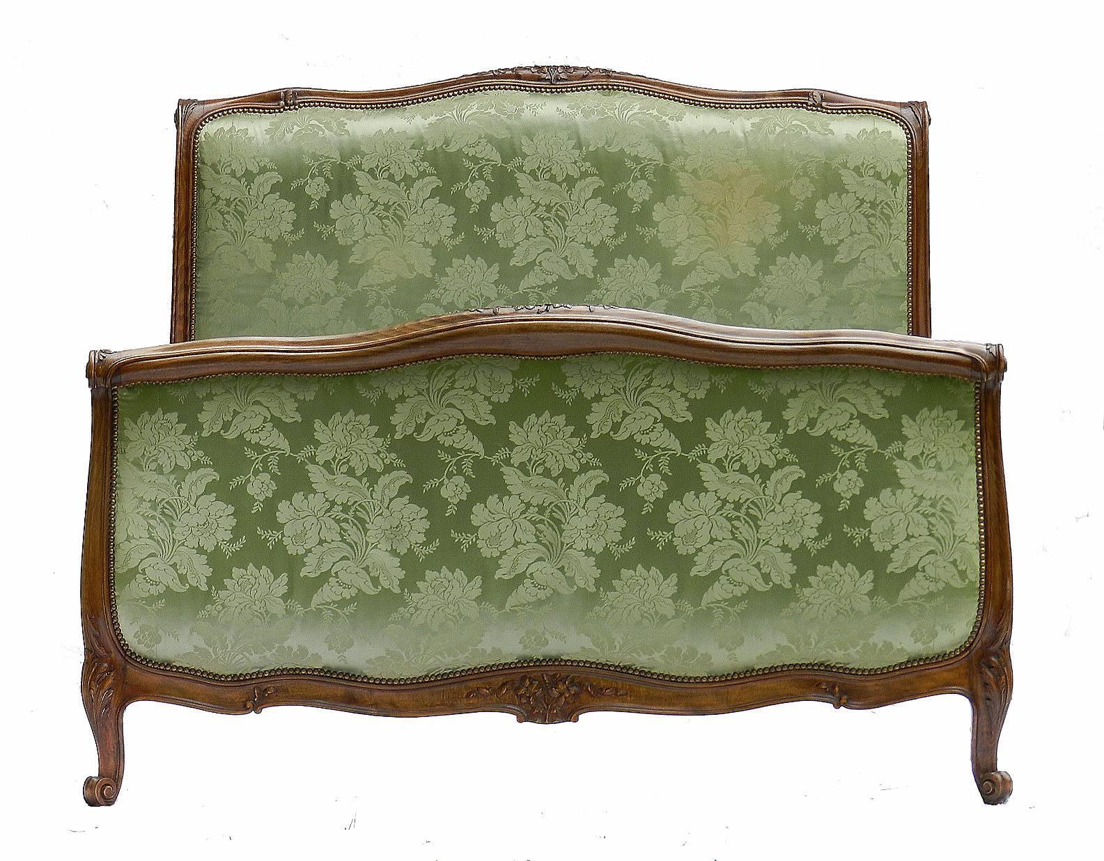 French antique bed scroll end early 20th century Louis revival includes recovering (excludes cost of fabric)
Upholstery in very good antique condition with only the top covers to change
Carved wood frame with scroll ends
This bed will take a