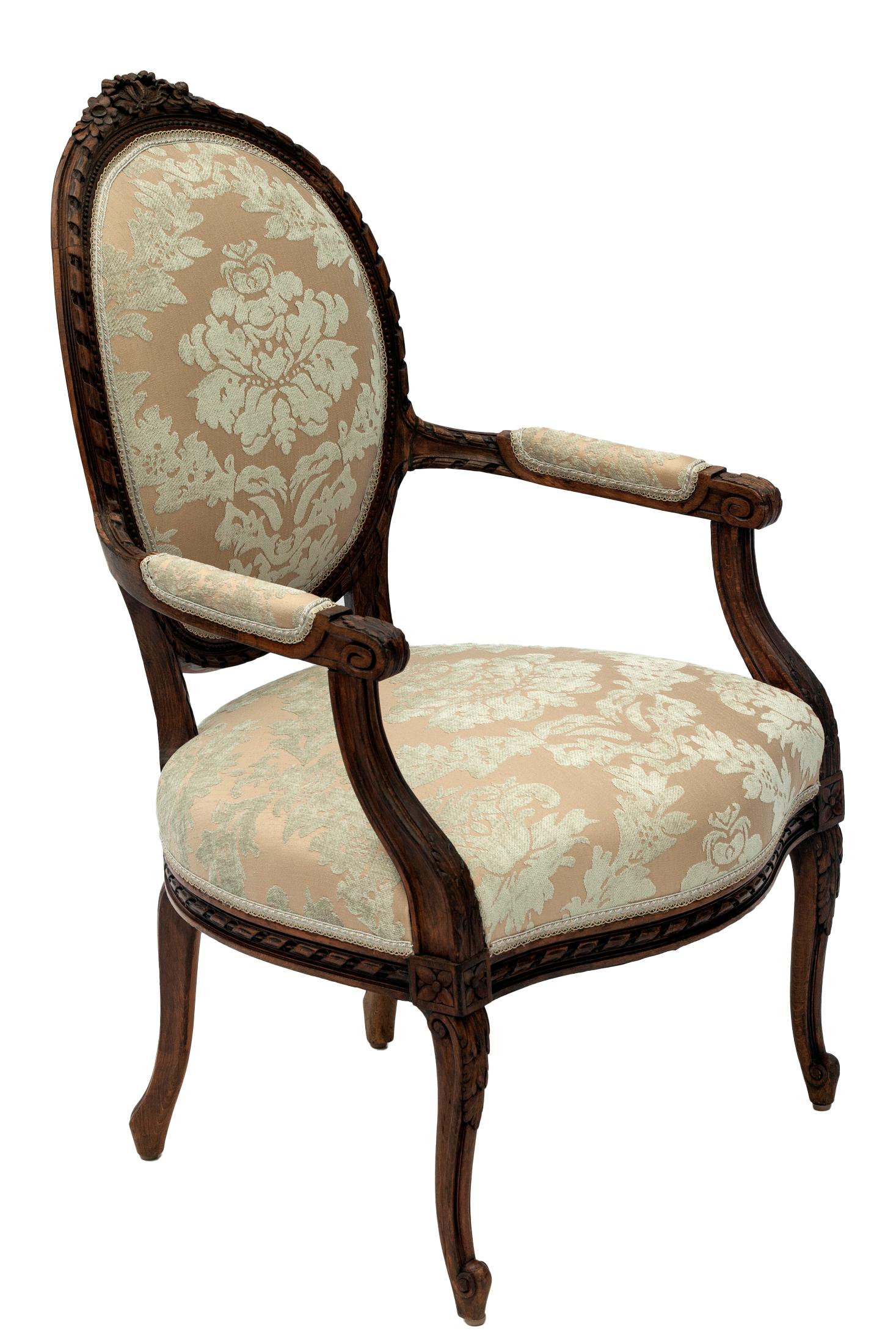 A French Louis XVI period finely carved walnut armchair with oval back and burnout damask upholstery & trimmed with Samuel & Sons silk gimp.
The chair is raised on four tapered carved legs.
This armchair will bring French elegance to any room,