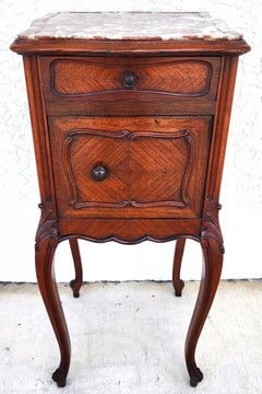 French Bedside Cabinet End Table Walnut & Marble