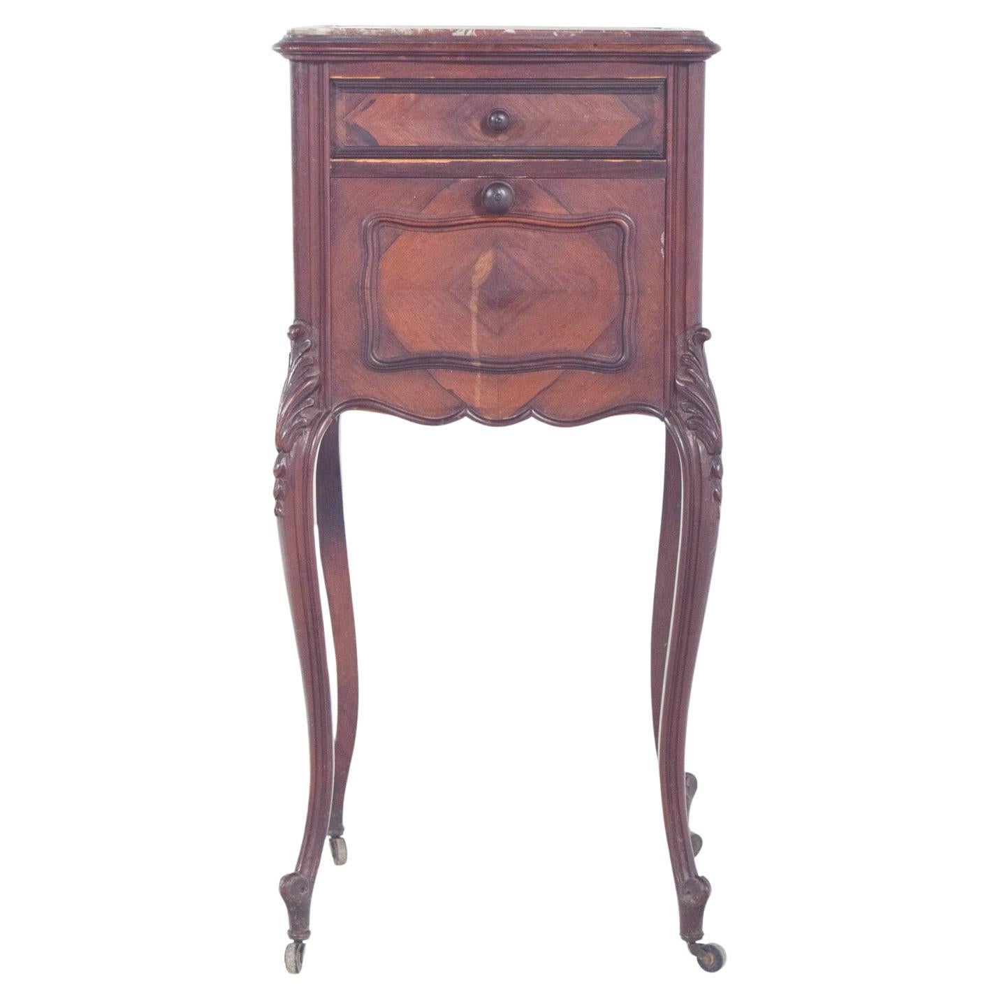 Table de chevet française en bois de rose avec plateau en marbre