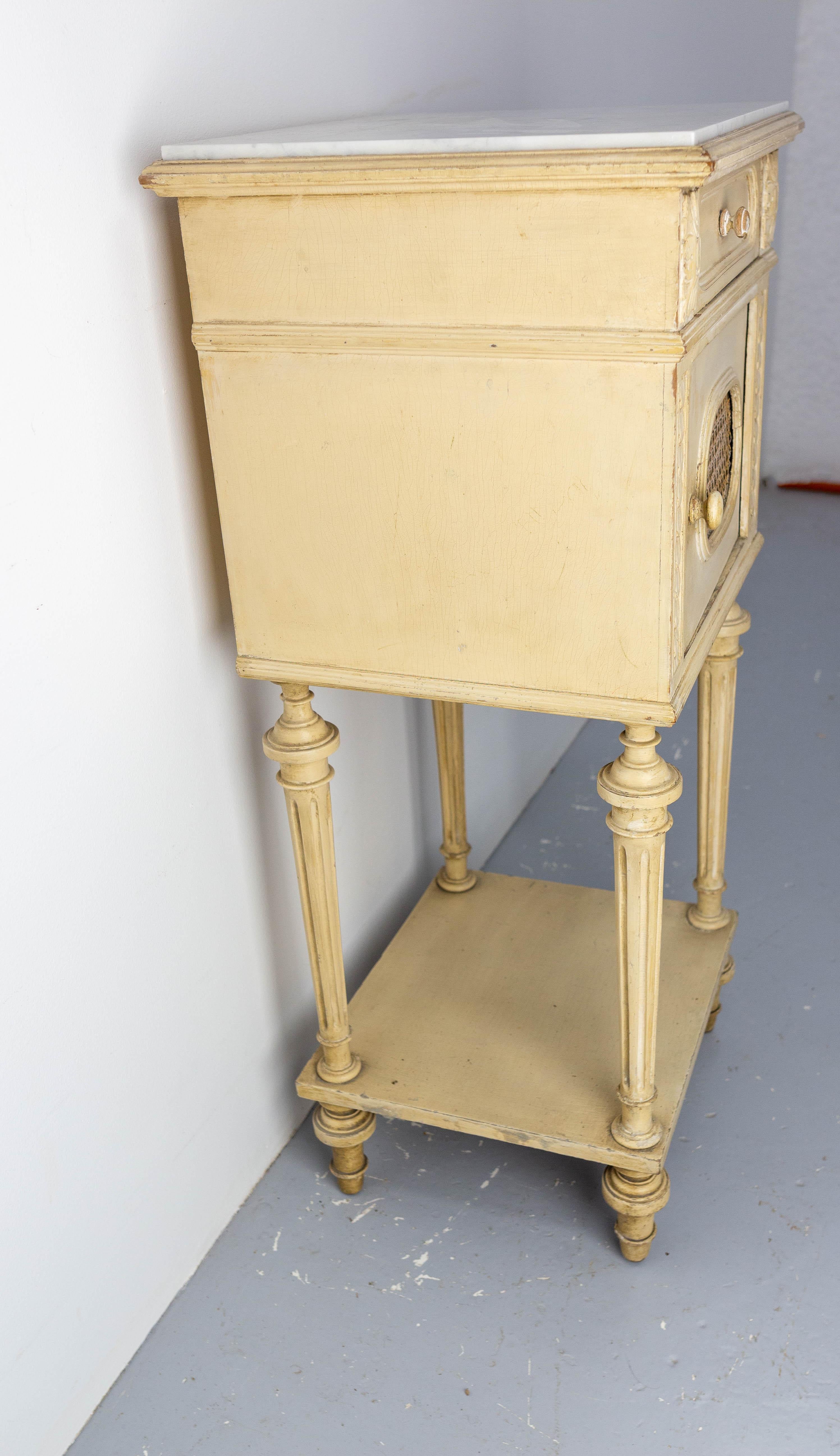 French Bedside Table Patinated Wood, Marble Top & Cane Door Louis XVI St, c 1900 In Good Condition For Sale In Labrit, Landes
