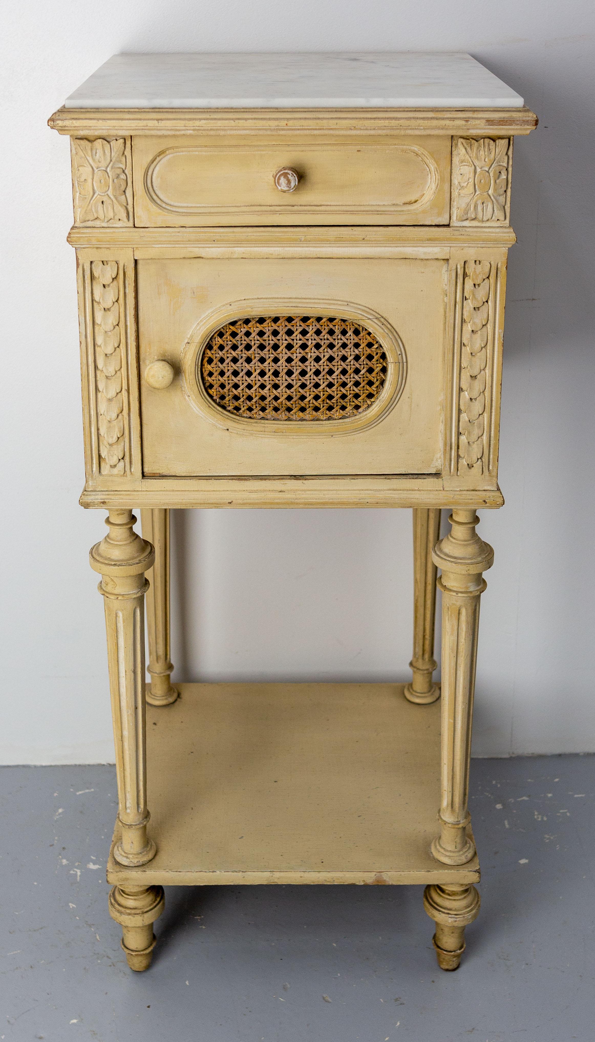 French Bedside Table Patinated Wood, Marble Top & Cane Door Louis XVI St, c 1900 For Sale 1