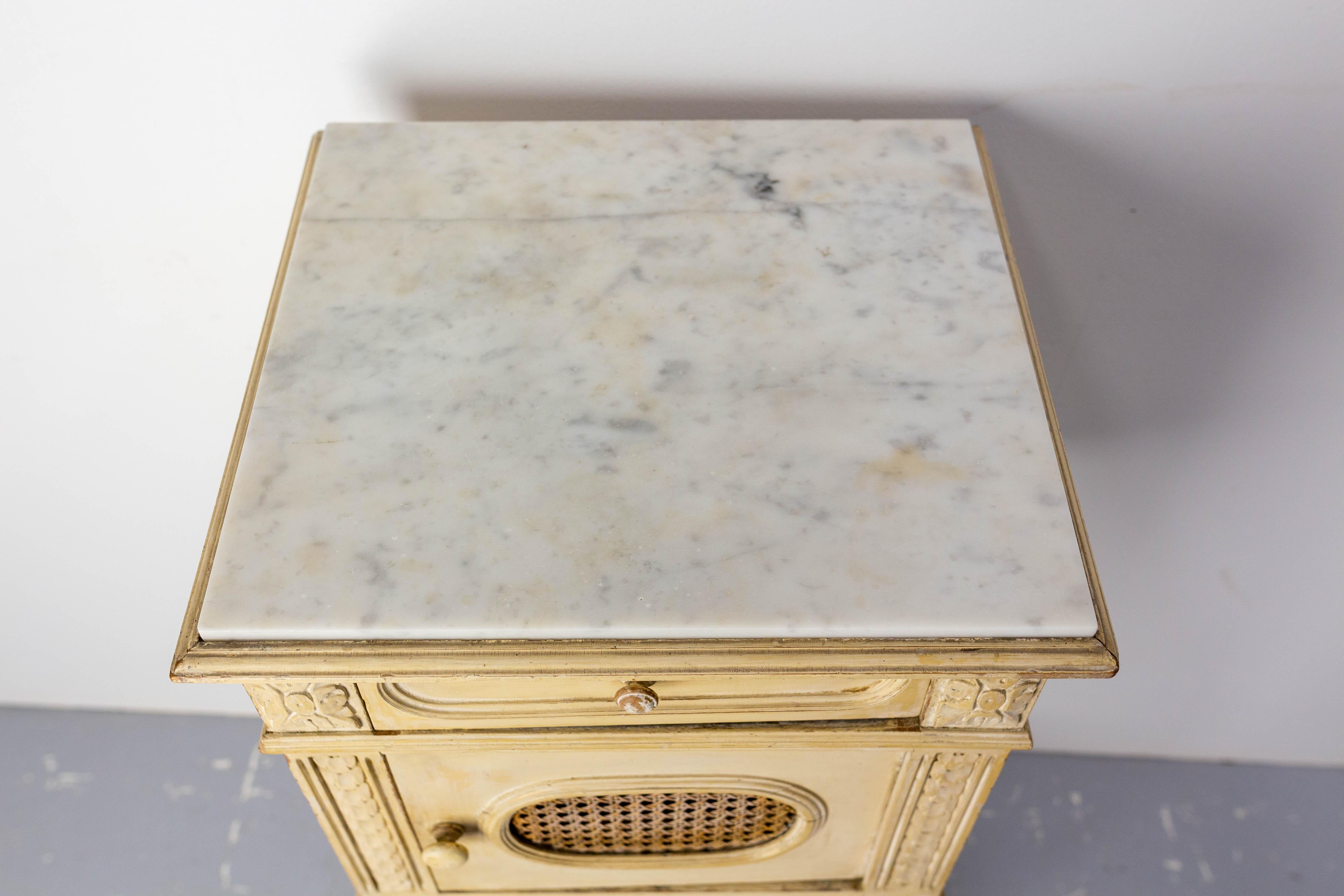 French Bedside Table Patinated Wood, Marble Top & Cane Door Louis XVI St, c 1900 For Sale 2
