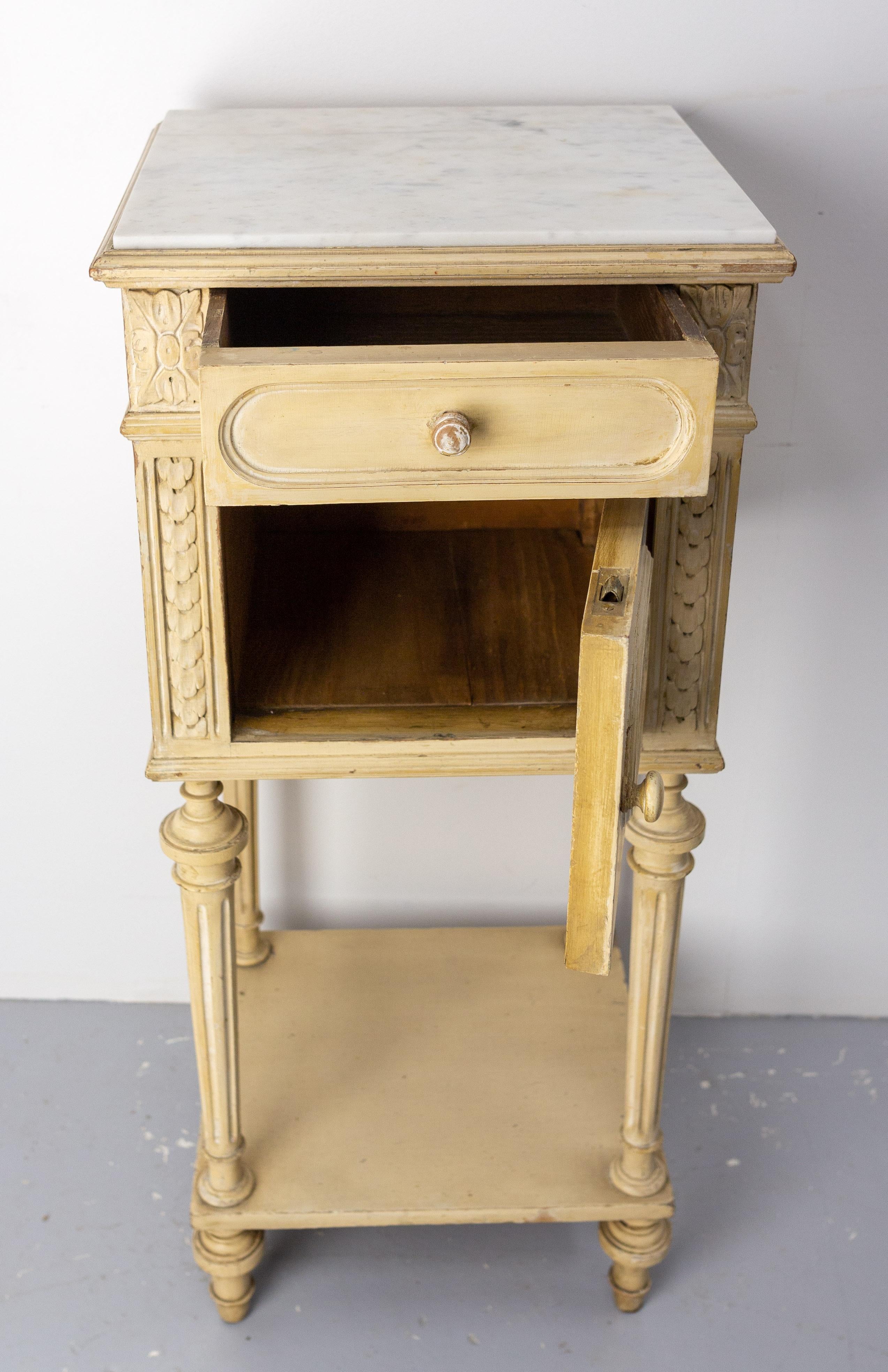 French Bedside Table Patinated Wood, Marble Top & Cane Door Louis XVI St, c 1900 For Sale 3