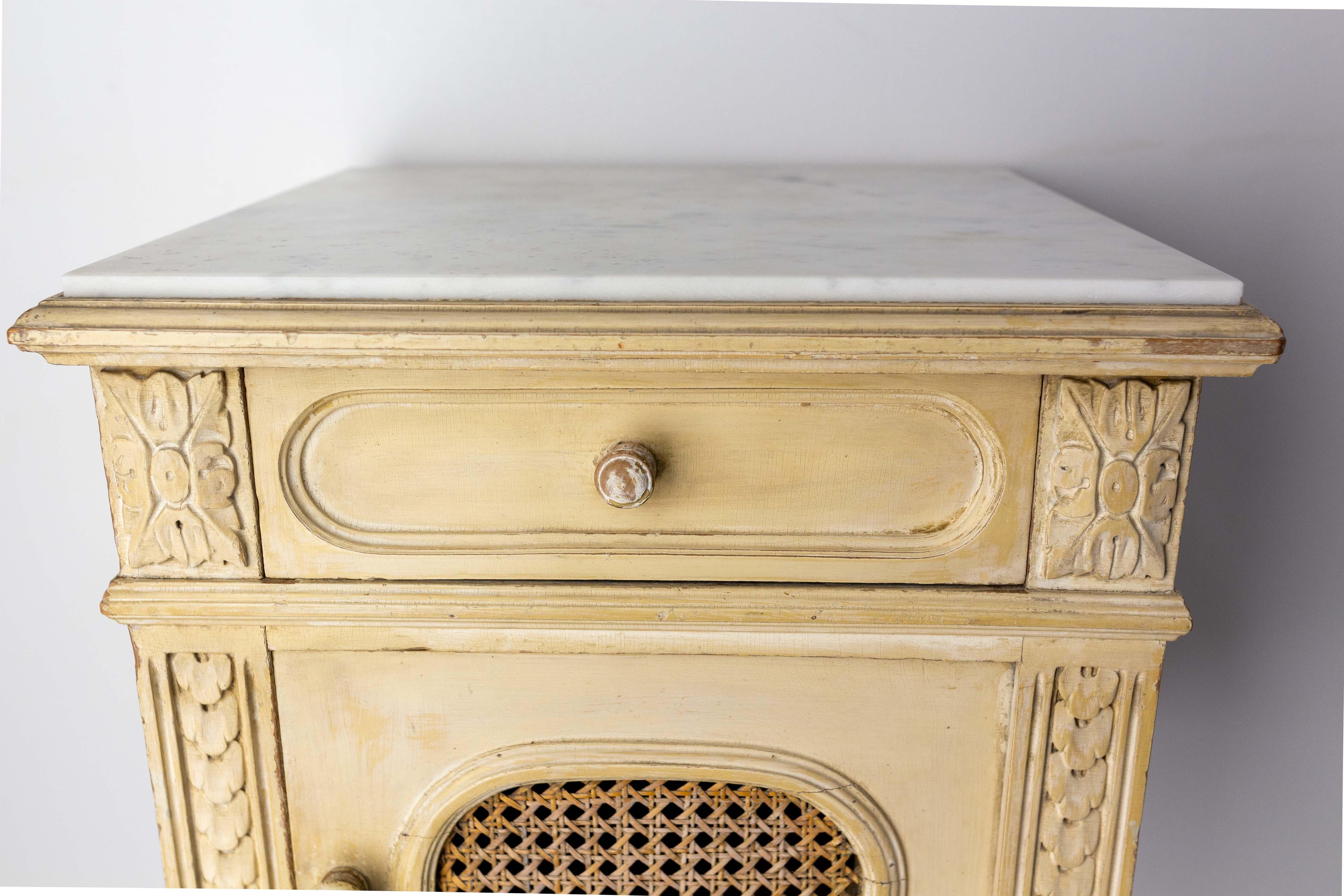 French Bedside Table Patinated Wood, Marble Top & Cane Door Louis XVI St, c 1900 For Sale 4