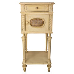 Antique French Bedside Table Patinated Wood, Marble Top & Cane Door Louis XVI St, c 1900