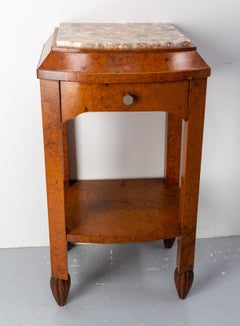 French Bedside Table Thuya Burl & Marble Top Nightstand Art Deco, circa 1930