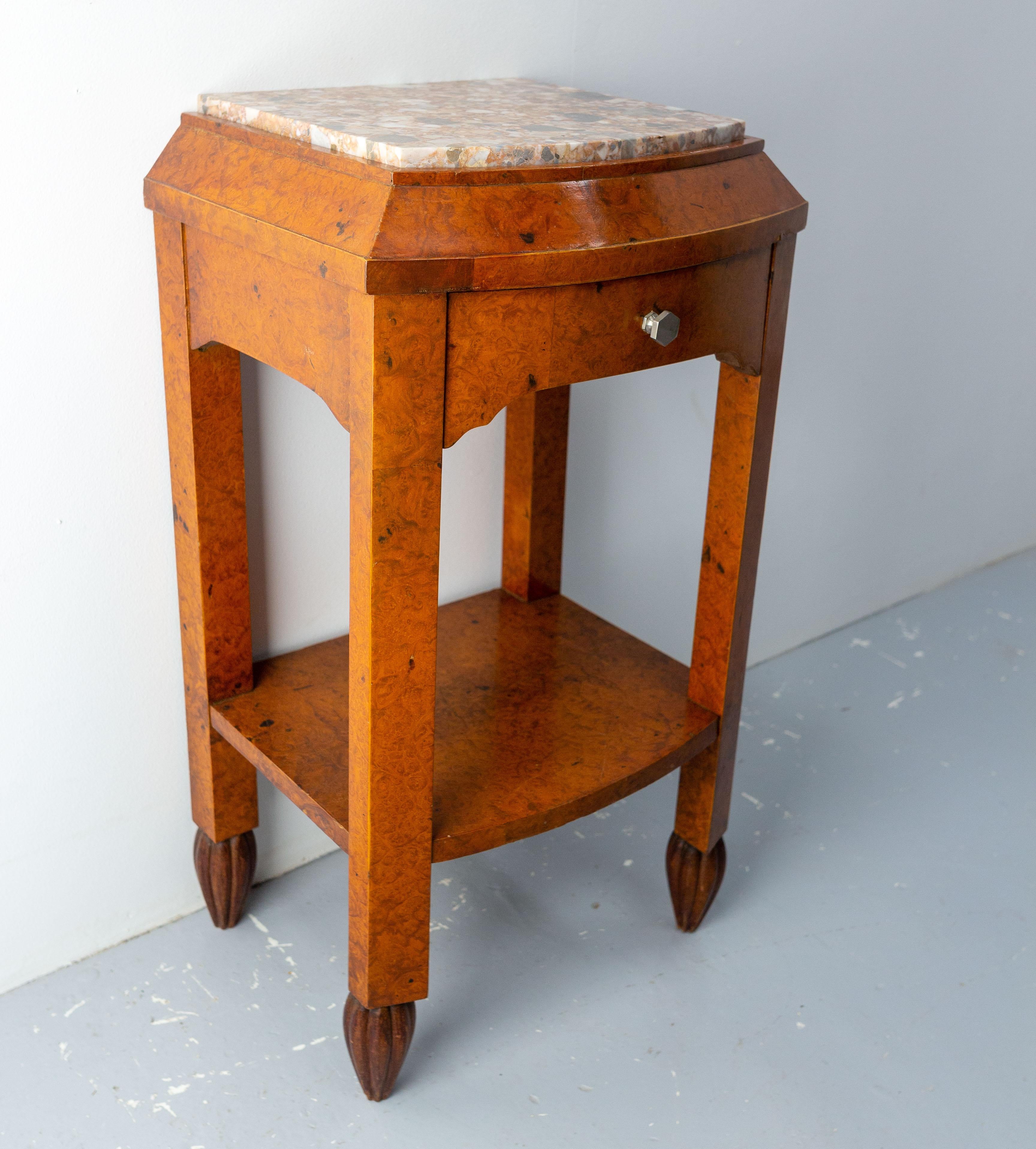 French Bedside Table Thuya Burl & Marble Top Nightstand Art Deco, circa 1930 In Good Condition In Labrit, Landes