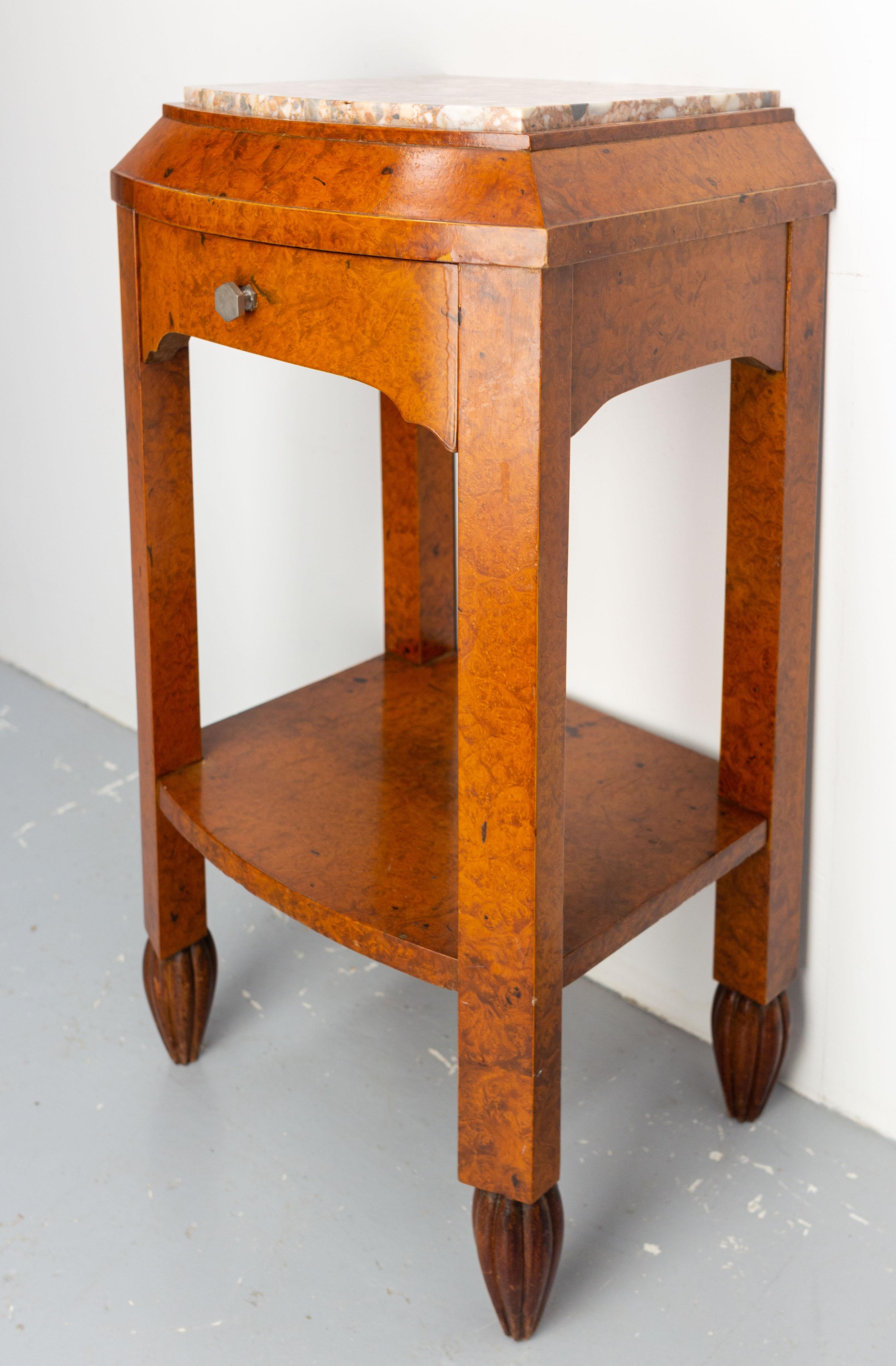 Mid-20th Century French Bedside Table Thuya Burl & Marble Top Nightstand Art Deco, circa 1930
