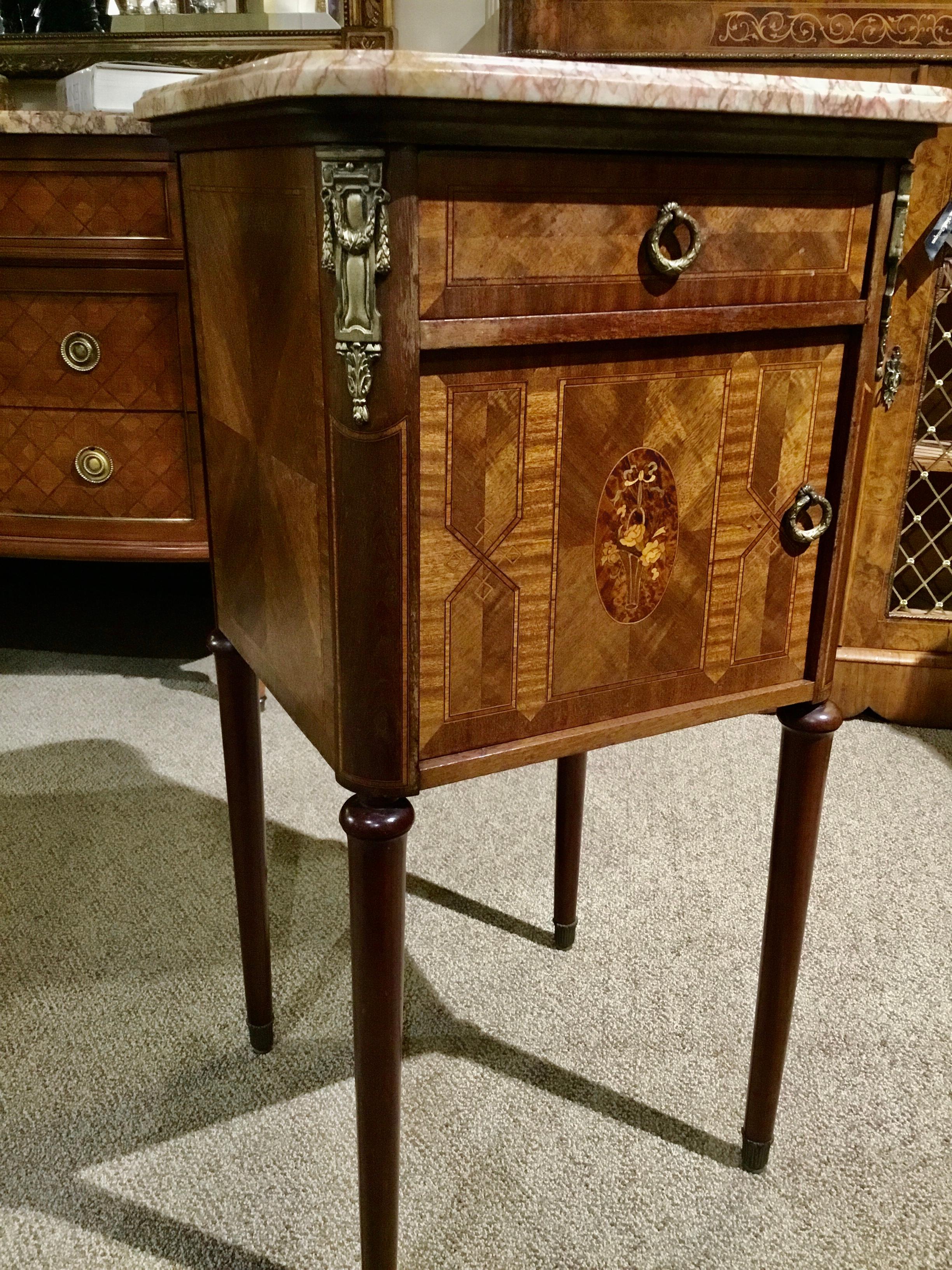 French Bedside Table with Marble Top and Marquetry Inlay For Sale 4
