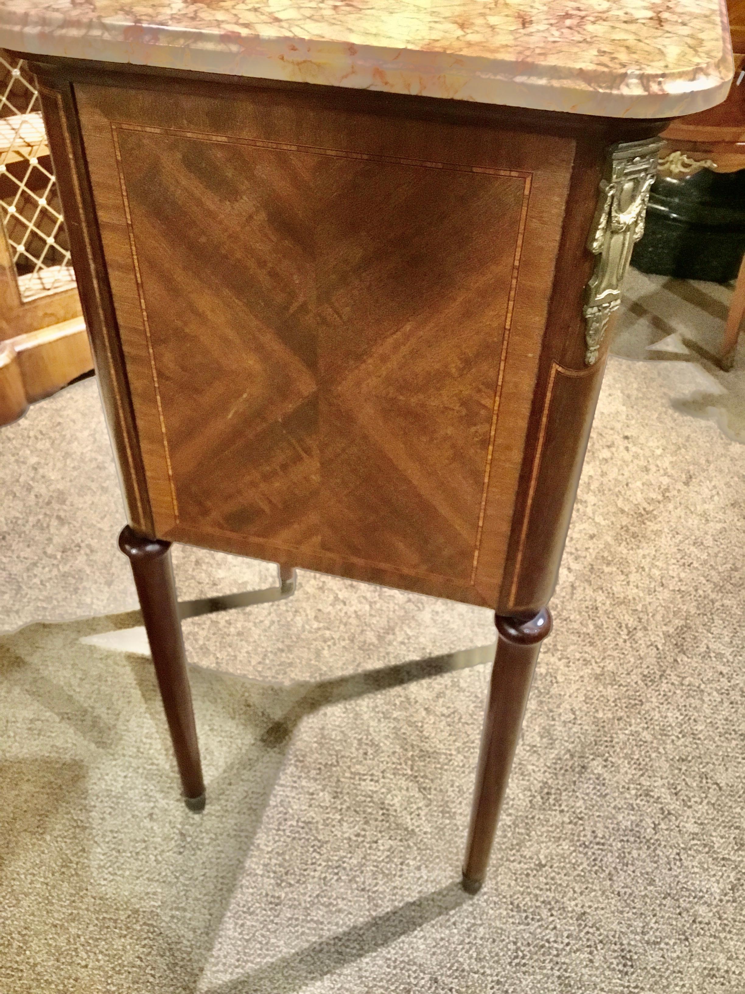 French Bedside Table with Marble Top and Marquetry Inlay For Sale 6