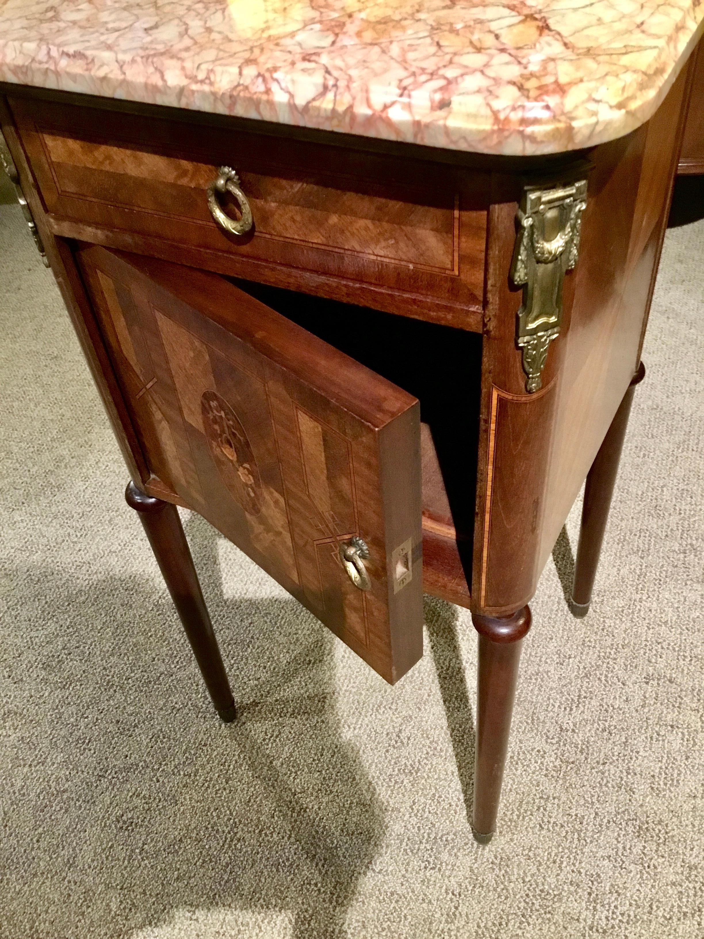 French Bedside Table with Marble Top and Marquetry Inlay For Sale 7