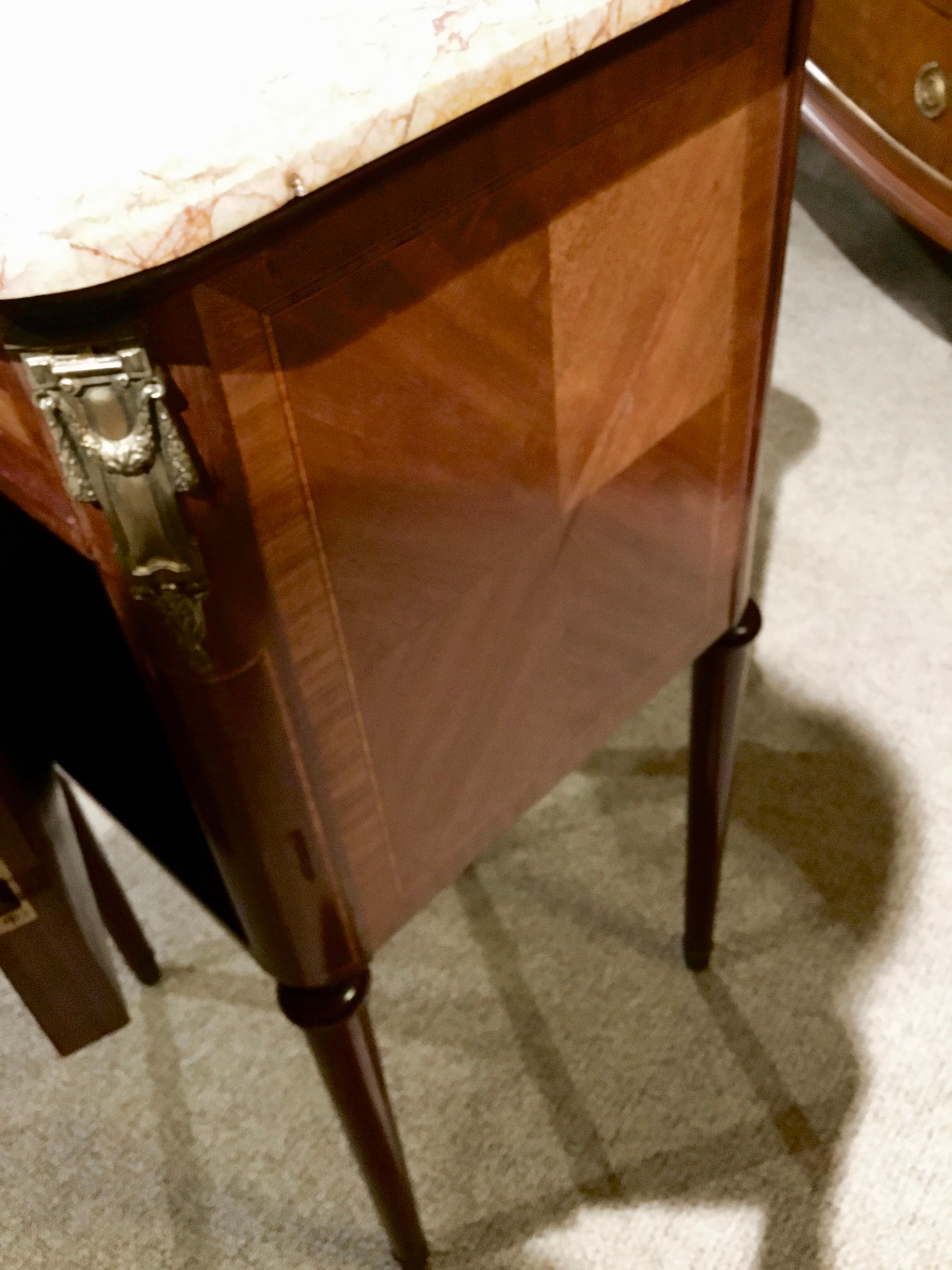 French Bedside Table with Marble Top and Marquetry Inlay For Sale 8