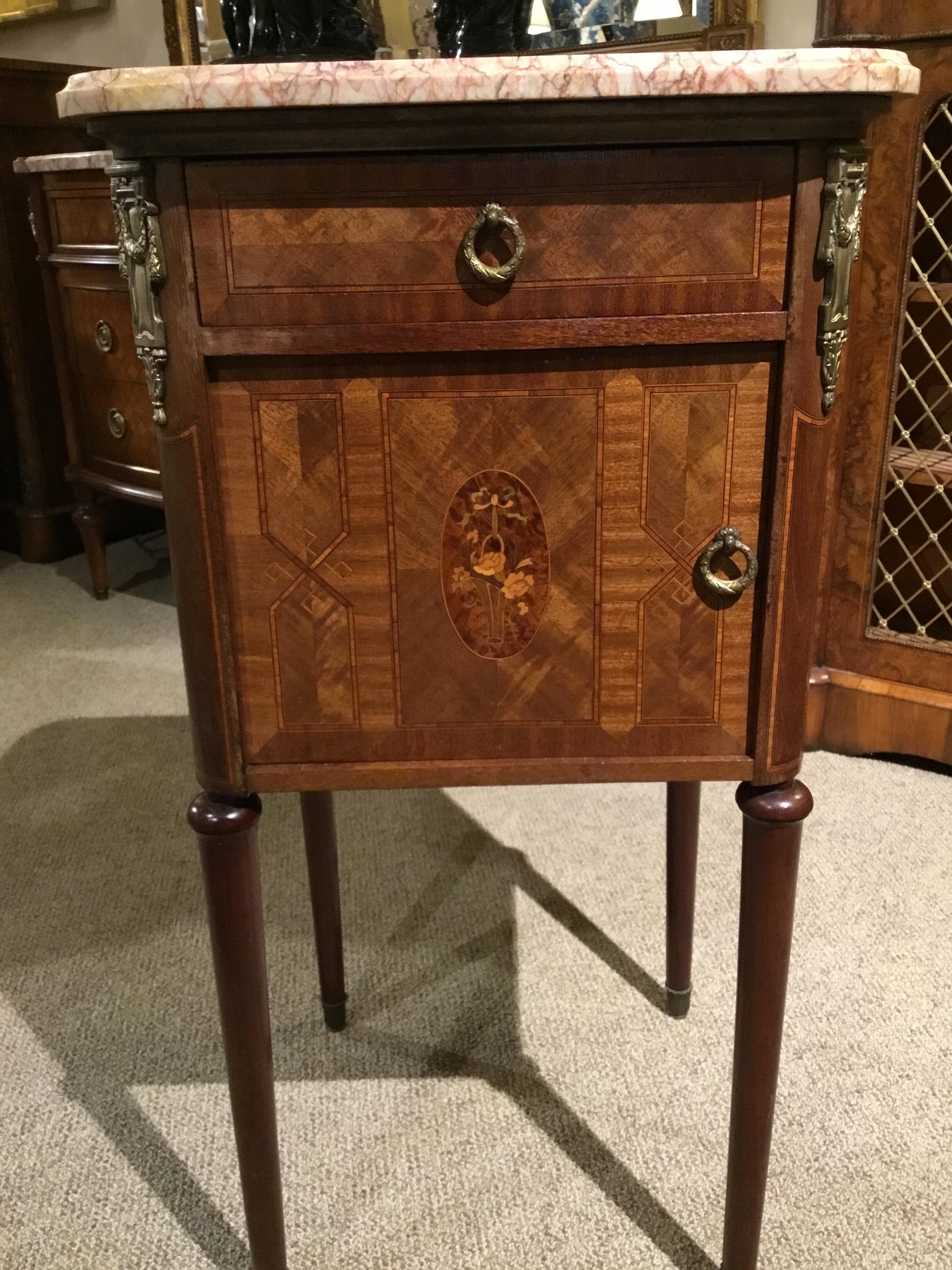 Walnut French Bedside Table with Marble Top and Marquetry Inlay For Sale