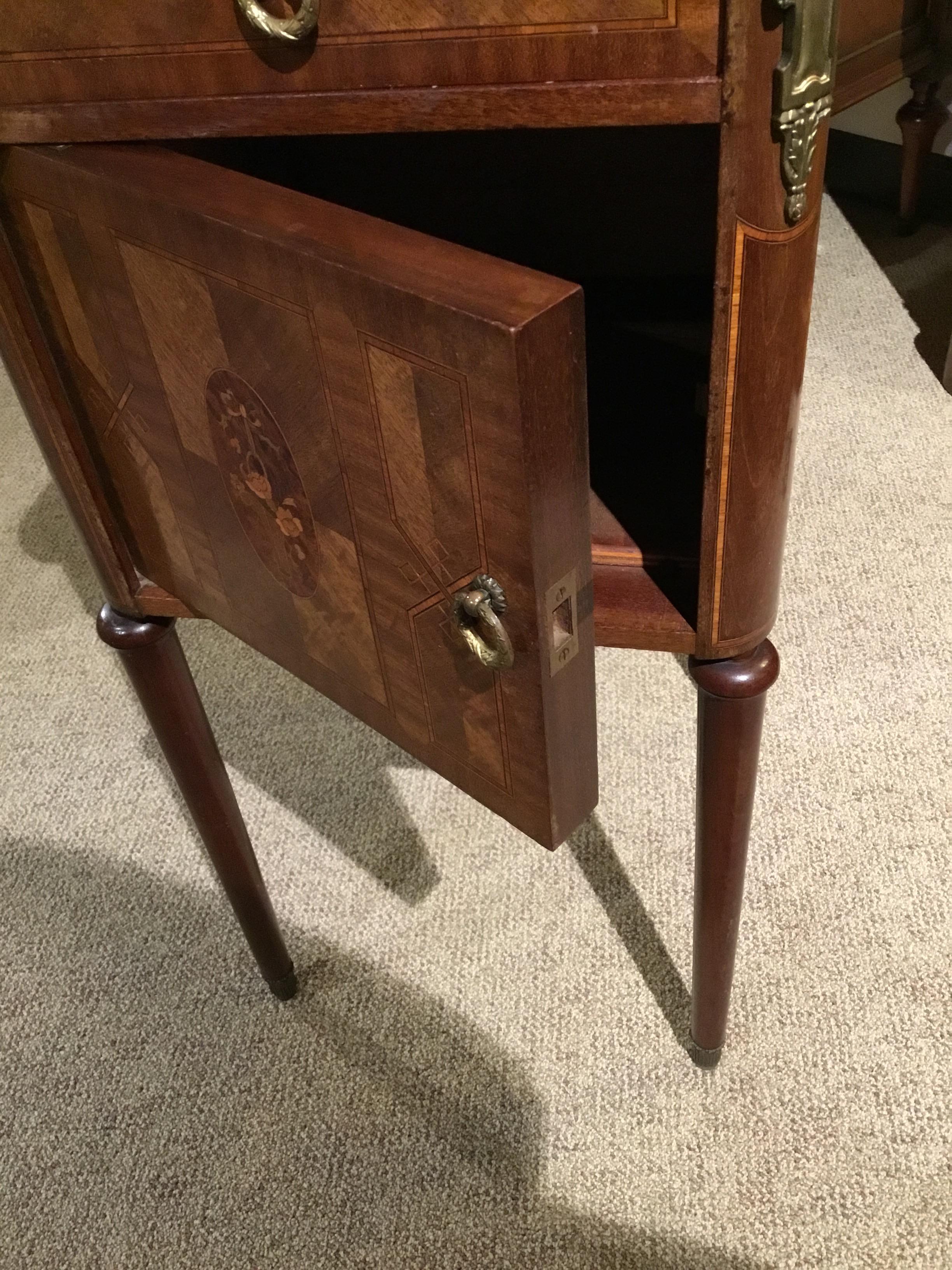 French Bedside Table with Marble Top and Marquetry Inlay For Sale 2