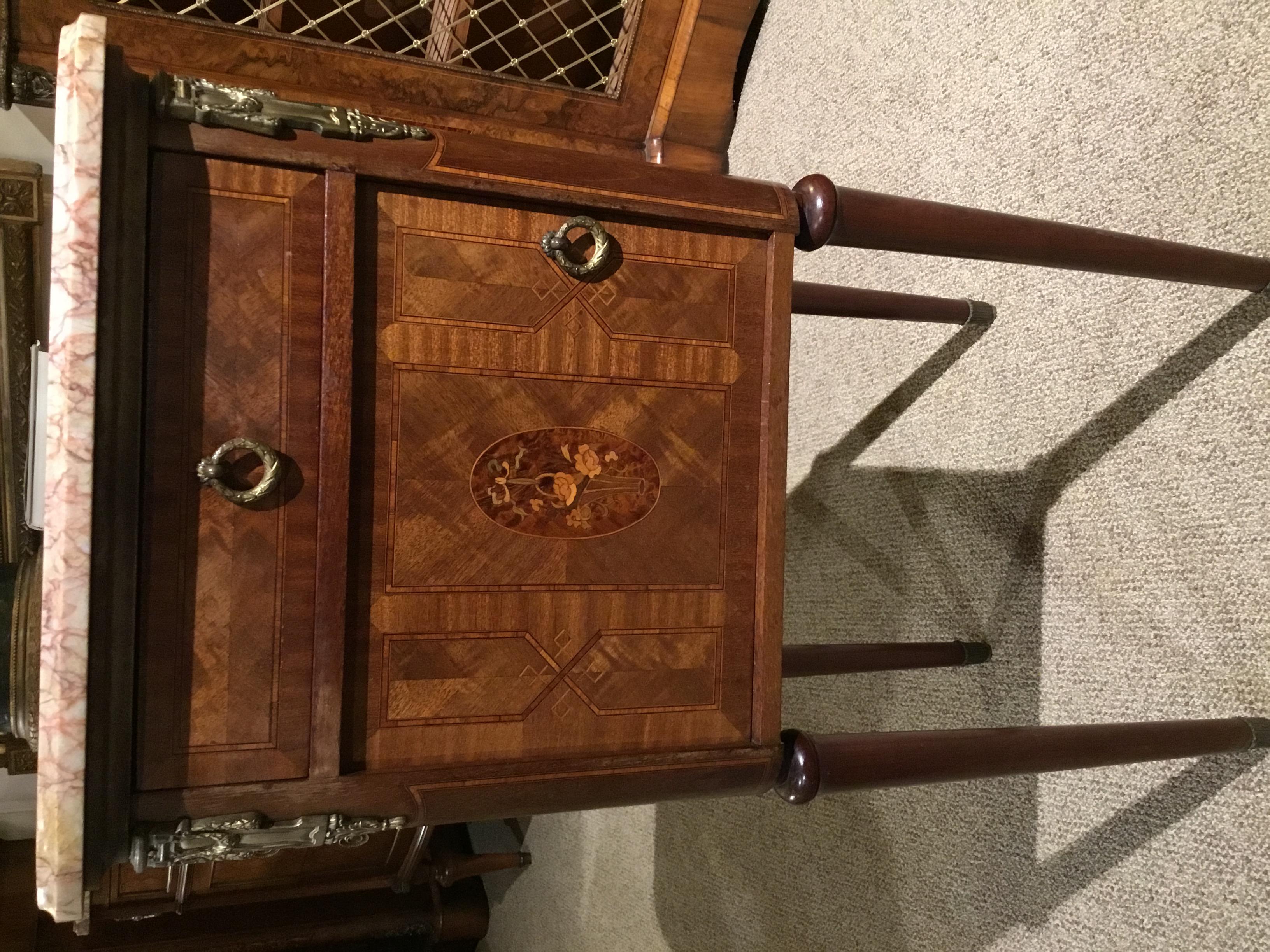 French Bedside Table with Marble Top and Marquetry Inlay For Sale 3