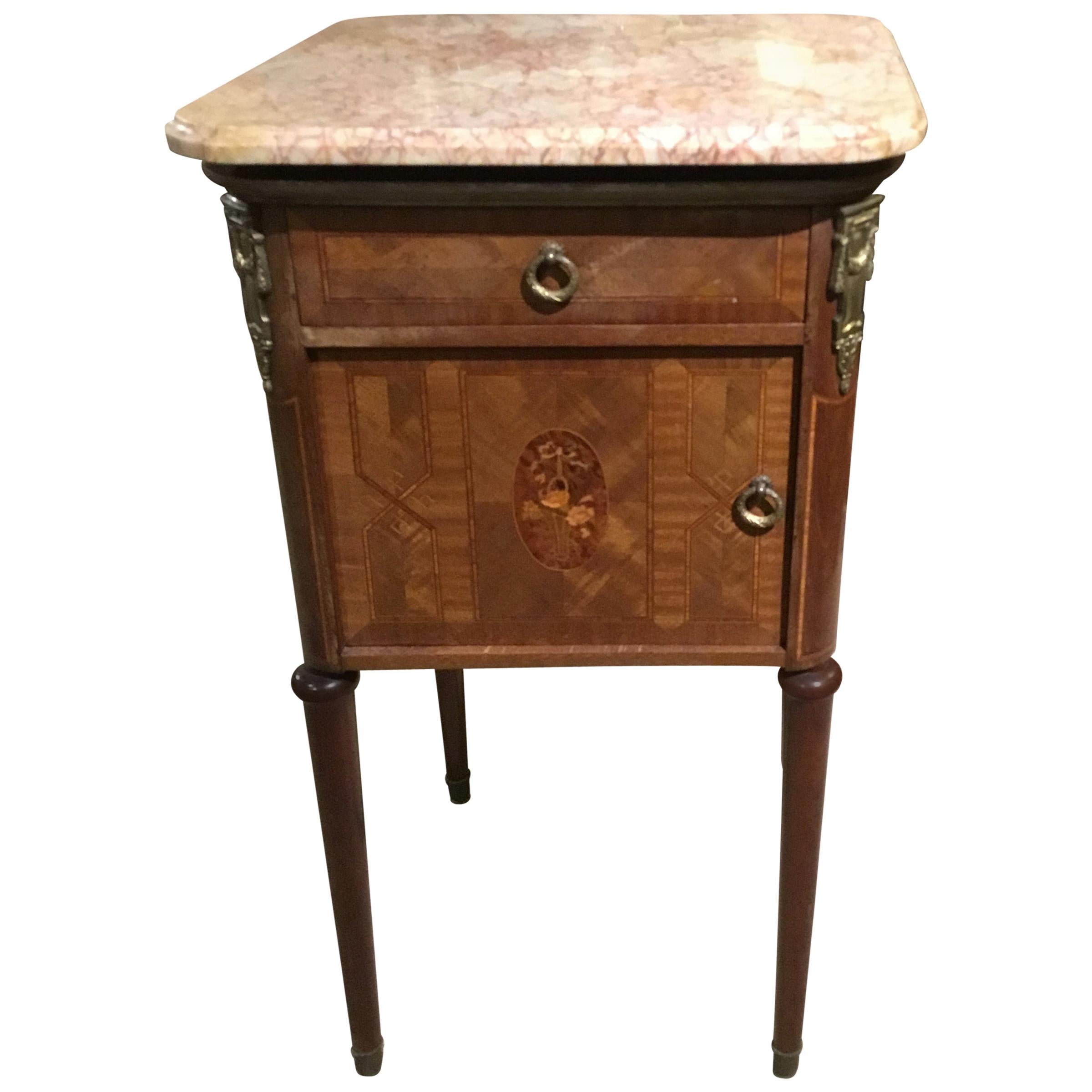 French Bedside Table with Marble Top and Marquetry Inlay For Sale