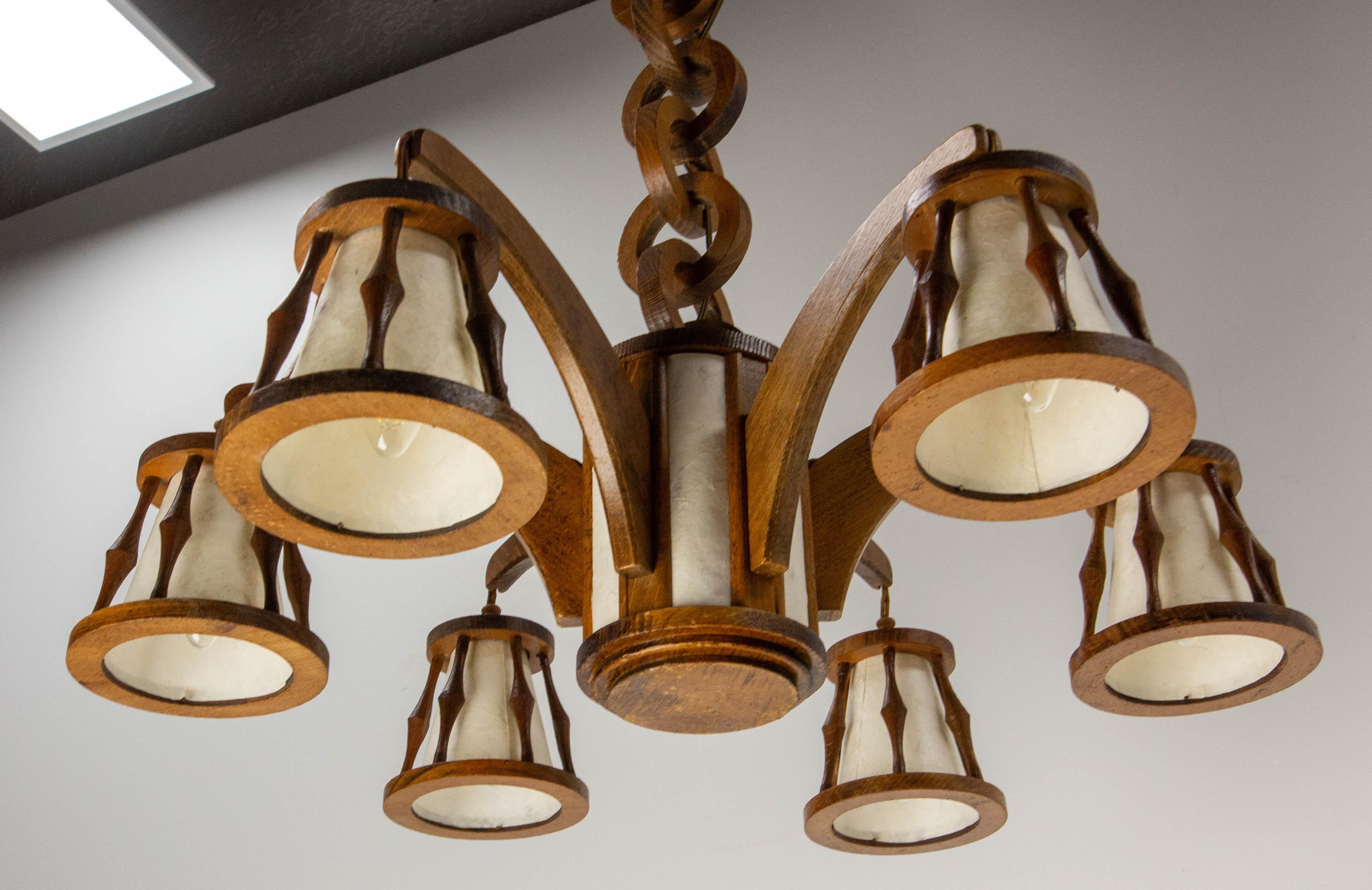 French Beech Chandelier Ceiling Pendant with Wooden Chain, circa 1940 5