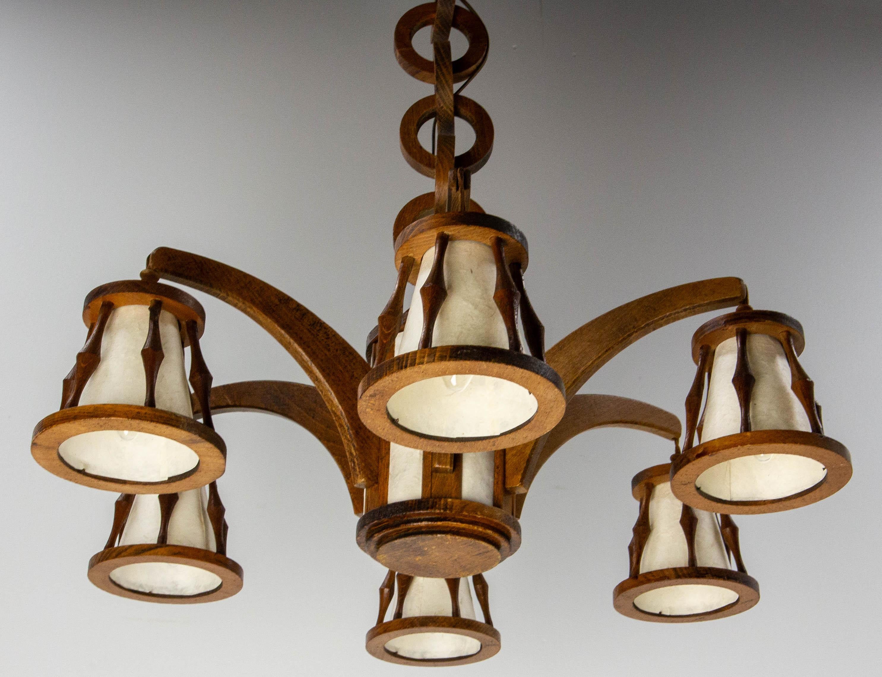 French Beech Chandelier Ceiling Pendant with Wooden Chain, circa 1940 6