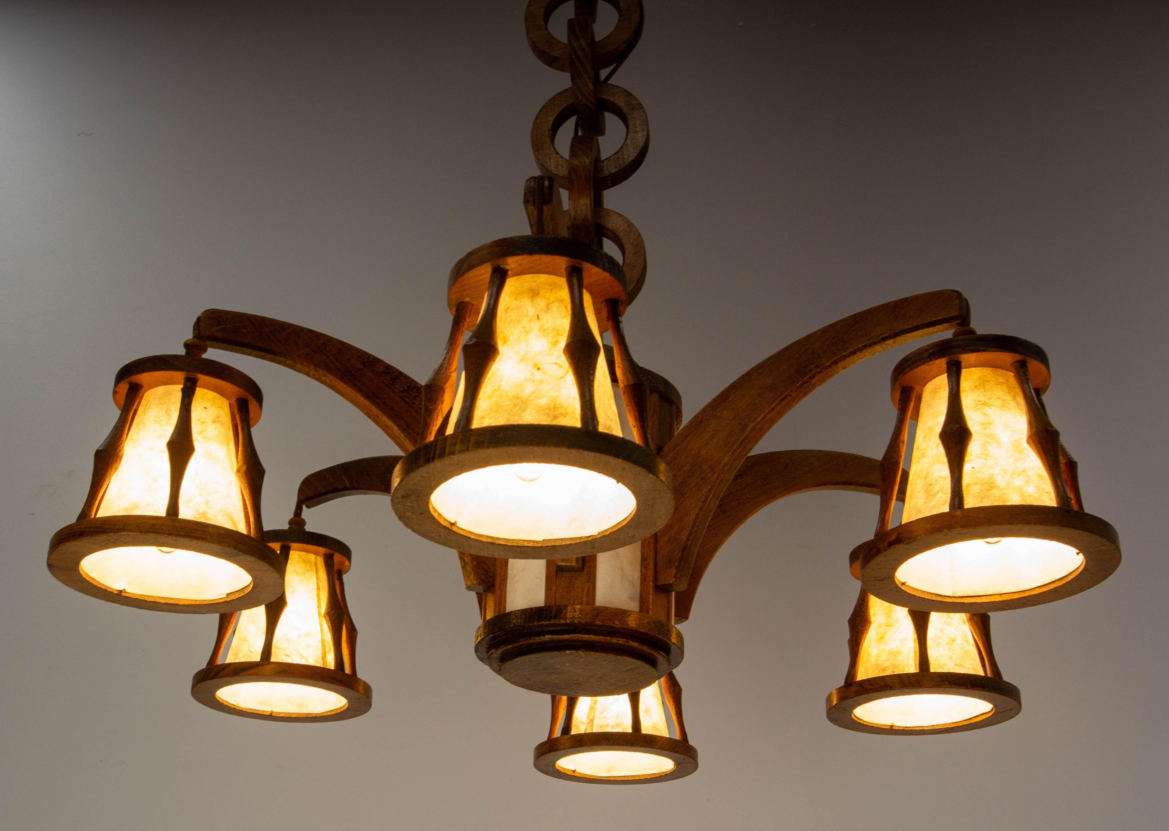 French Beech Chandelier Ceiling Pendant with Wooden Chain, circa 1940 7