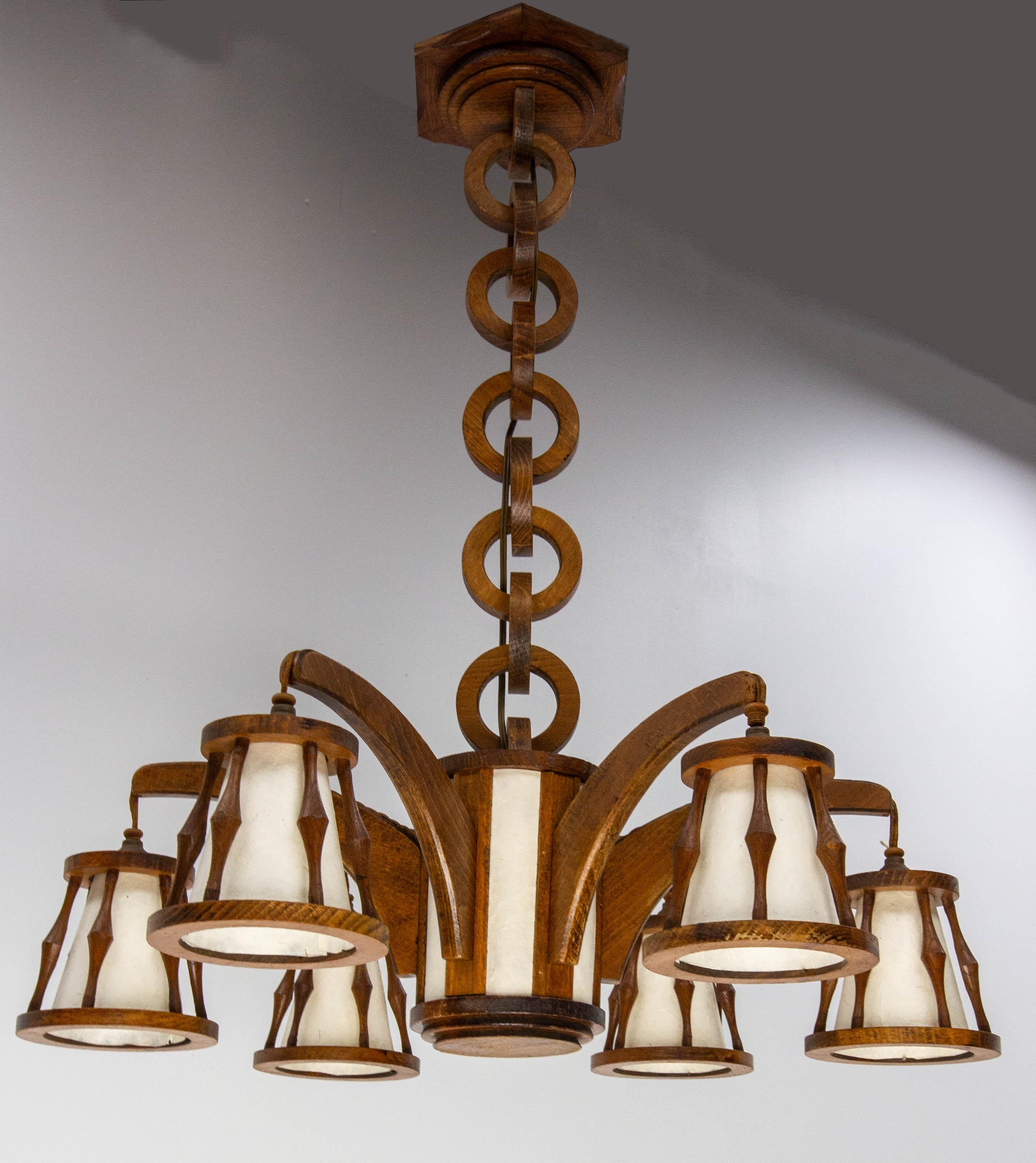 French Beech Chandelier Ceiling Pendant with Wooden Chain, circa 1940 8