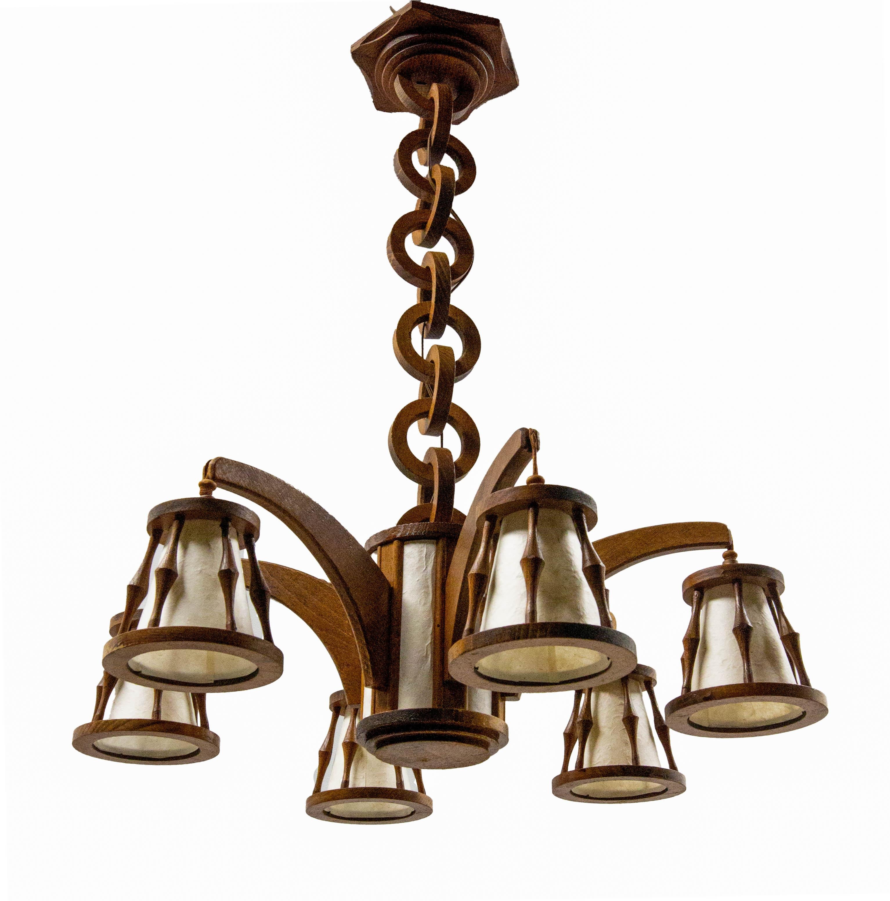 Mid-Century Modern French Beech Chandelier Ceiling Pendant with Wooden Chain, circa 1940