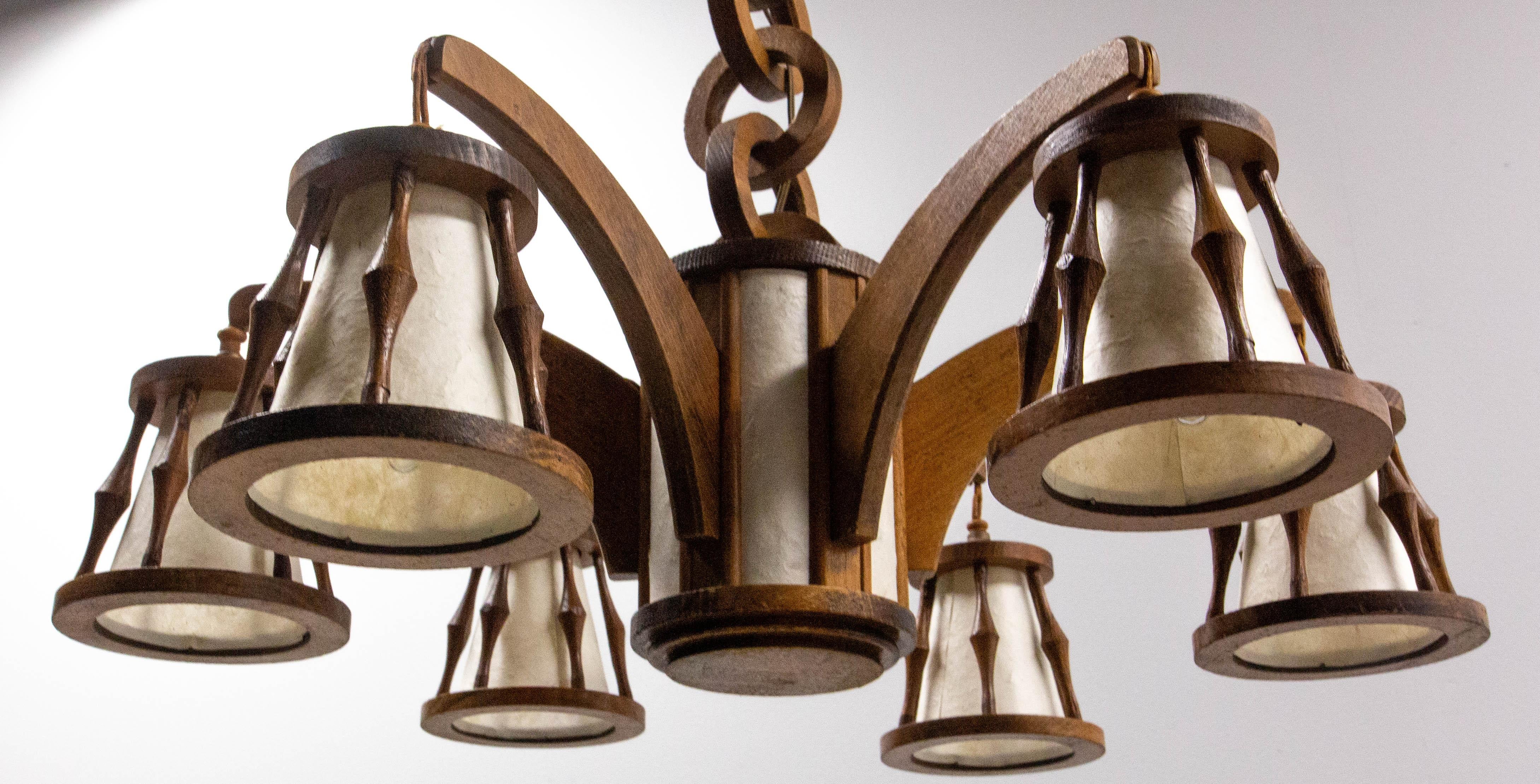 French Beech Chandelier Ceiling Pendant with Wooden Chain, circa 1940 1