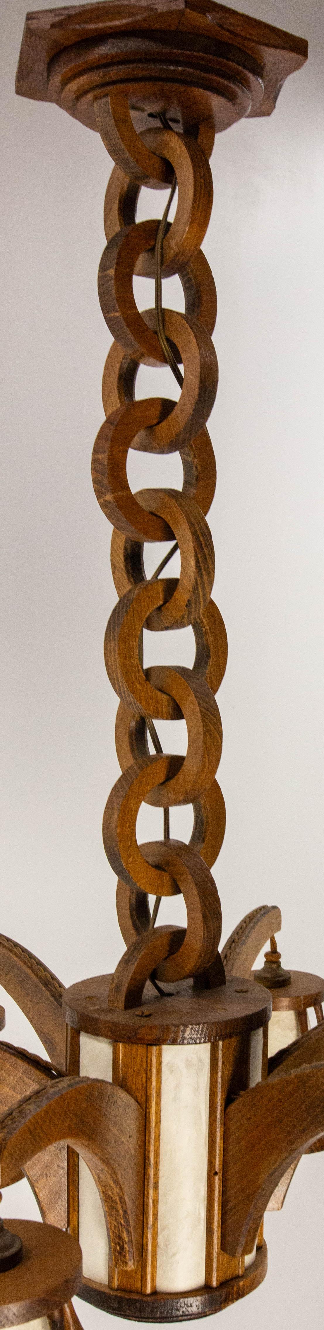 Hêtre Plafonnier en hêtre français avec chaîne en bois, vers 1940