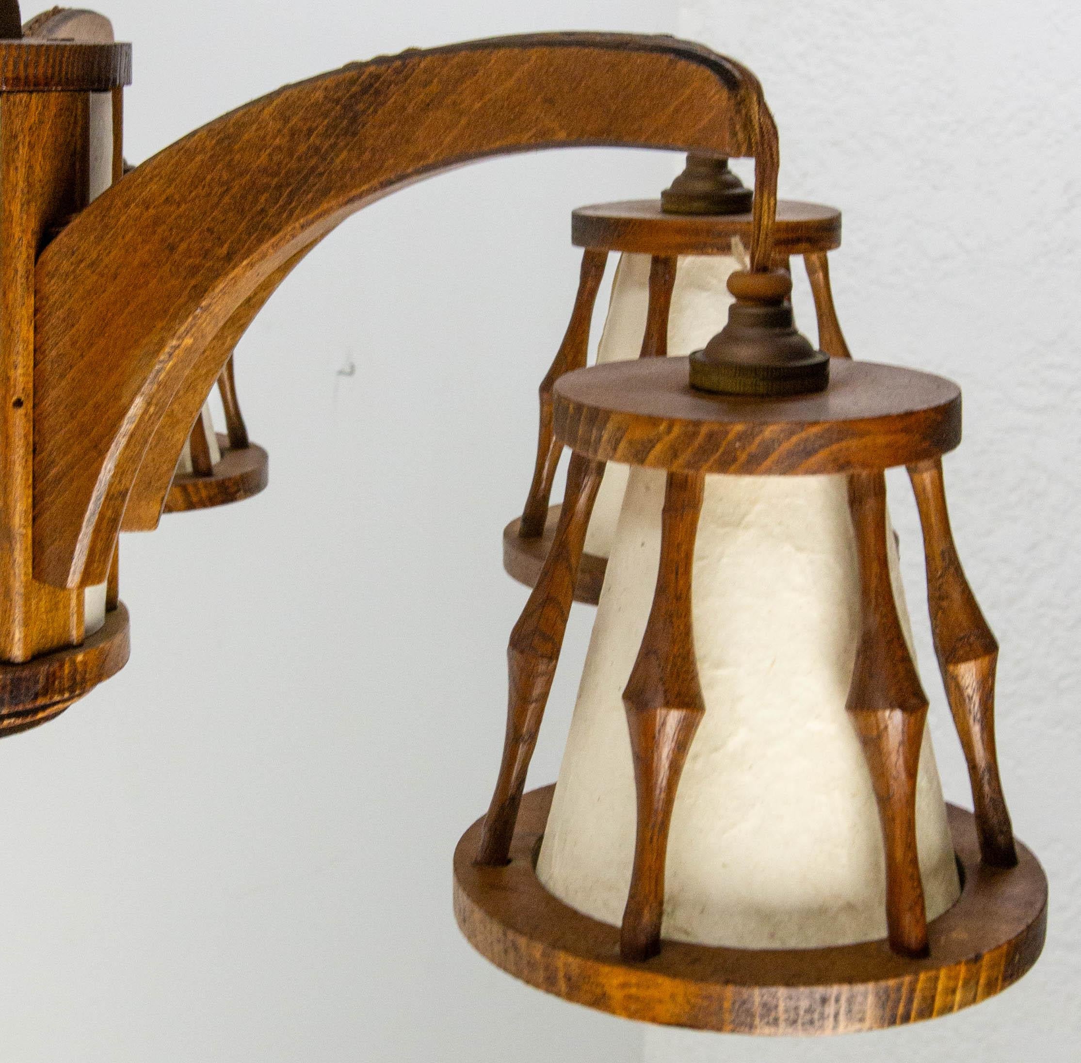 French Beech Chandelier Ceiling Pendant with Wooden Chain, circa 1940 4