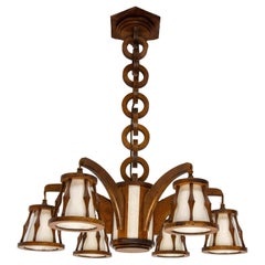 French Beech Chandelier Ceiling Pendant with Wooden Chain, circa 1940