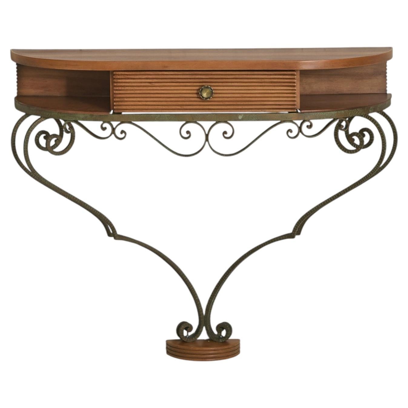 French Beech + Mahogany Demilune Console, 1940s