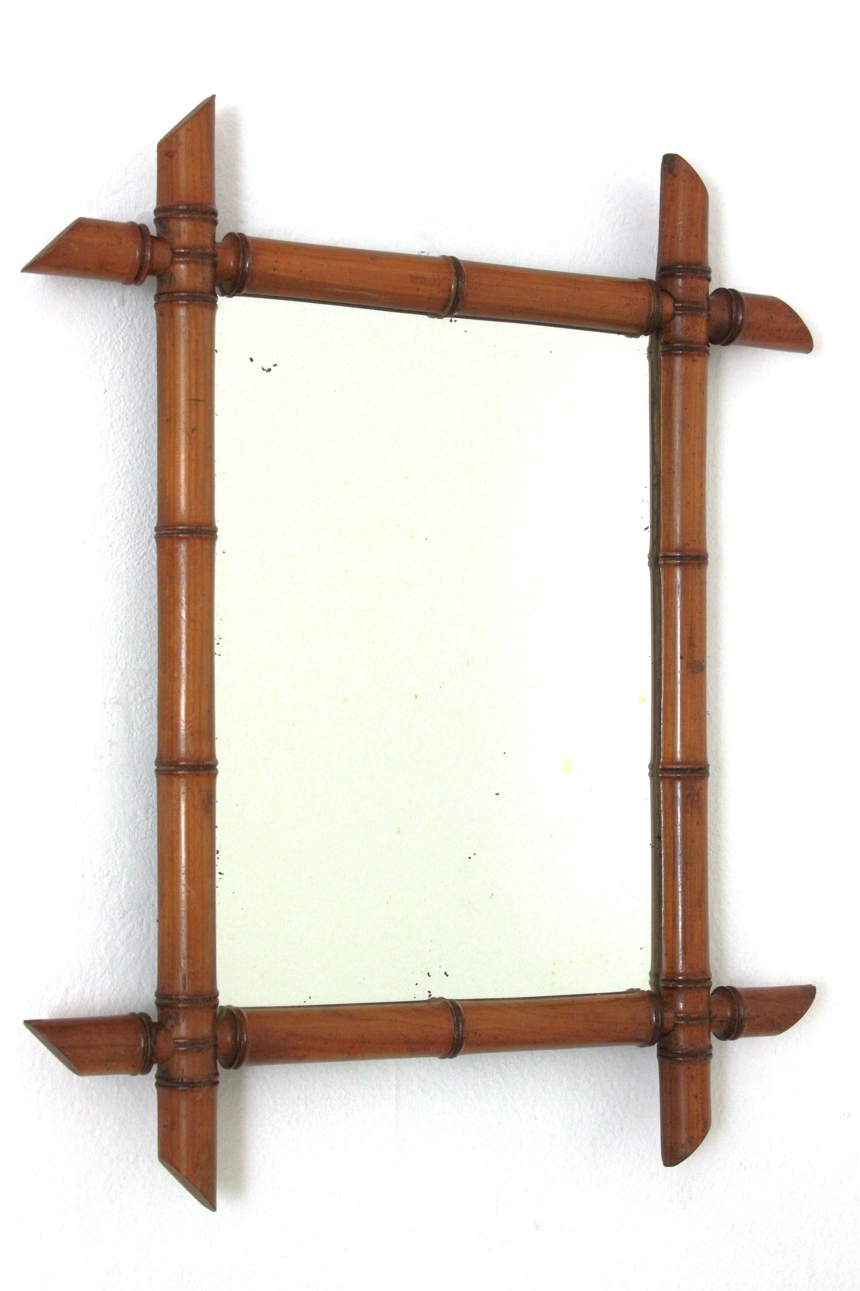 Neoclassical French Beech Wood Faux Bamboo Wall Mirror For Sale