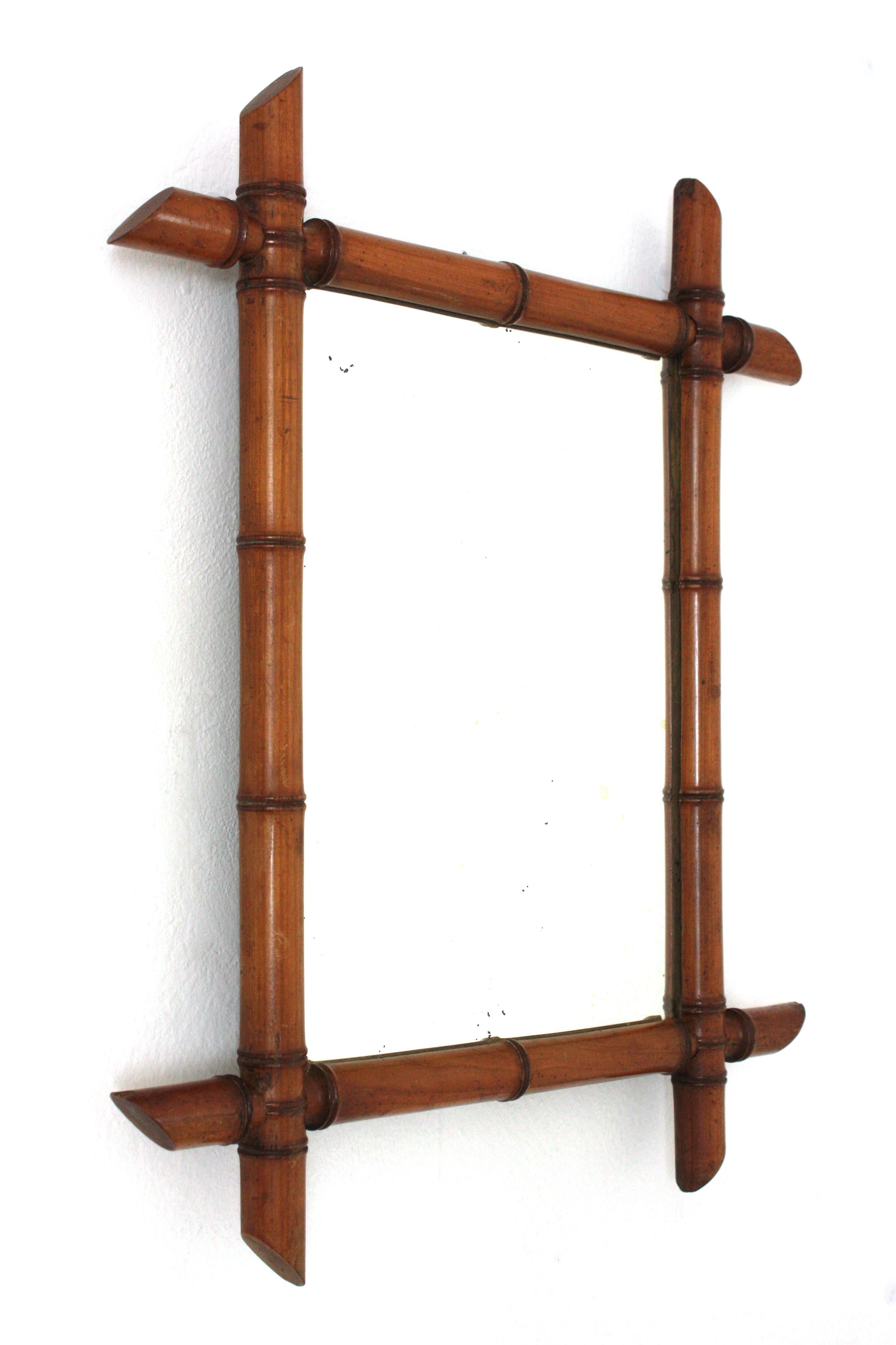 Hand-Crafted French Beech Wood Faux Bamboo Wall Mirror For Sale
