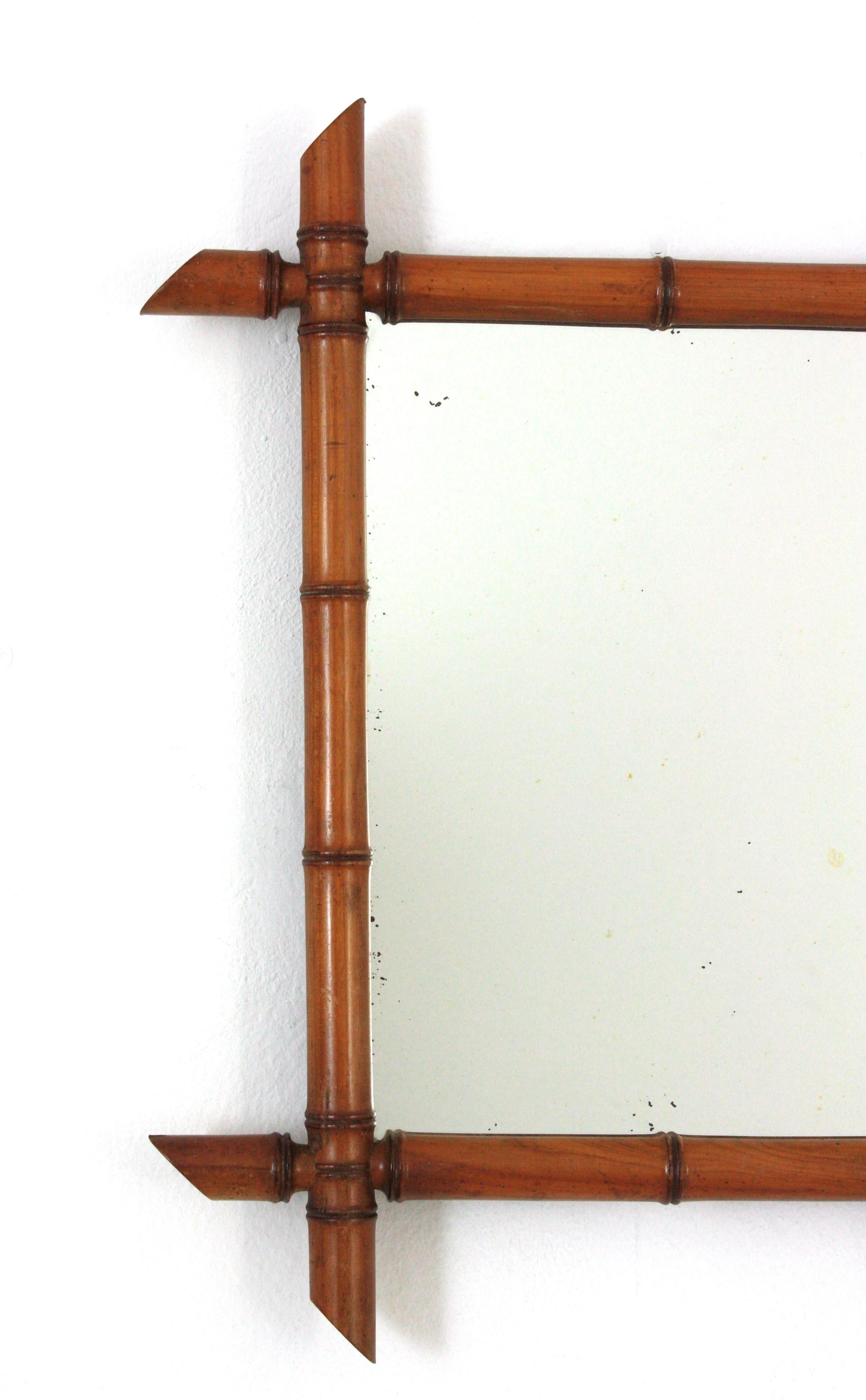 French Beech Wood Faux Bamboo Wall Mirror In Good Condition For Sale In Barcelona, ES