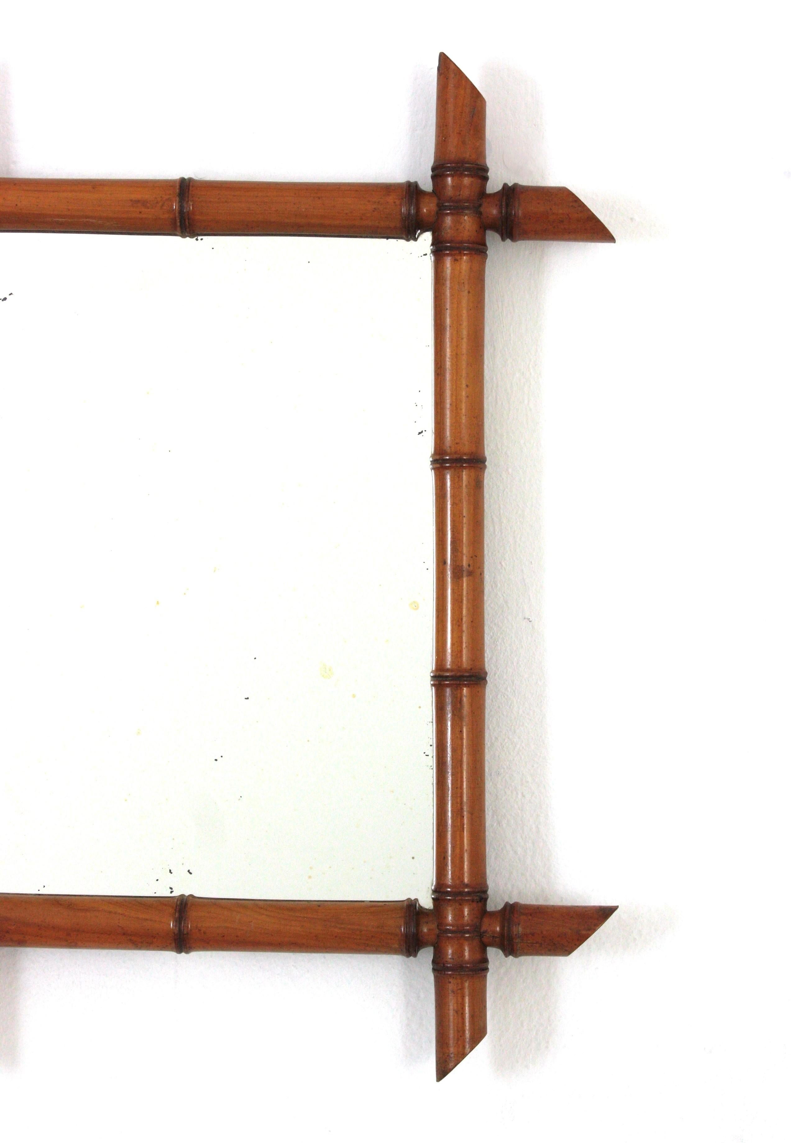 20th Century French Beech Wood Faux Bamboo Wall Mirror For Sale