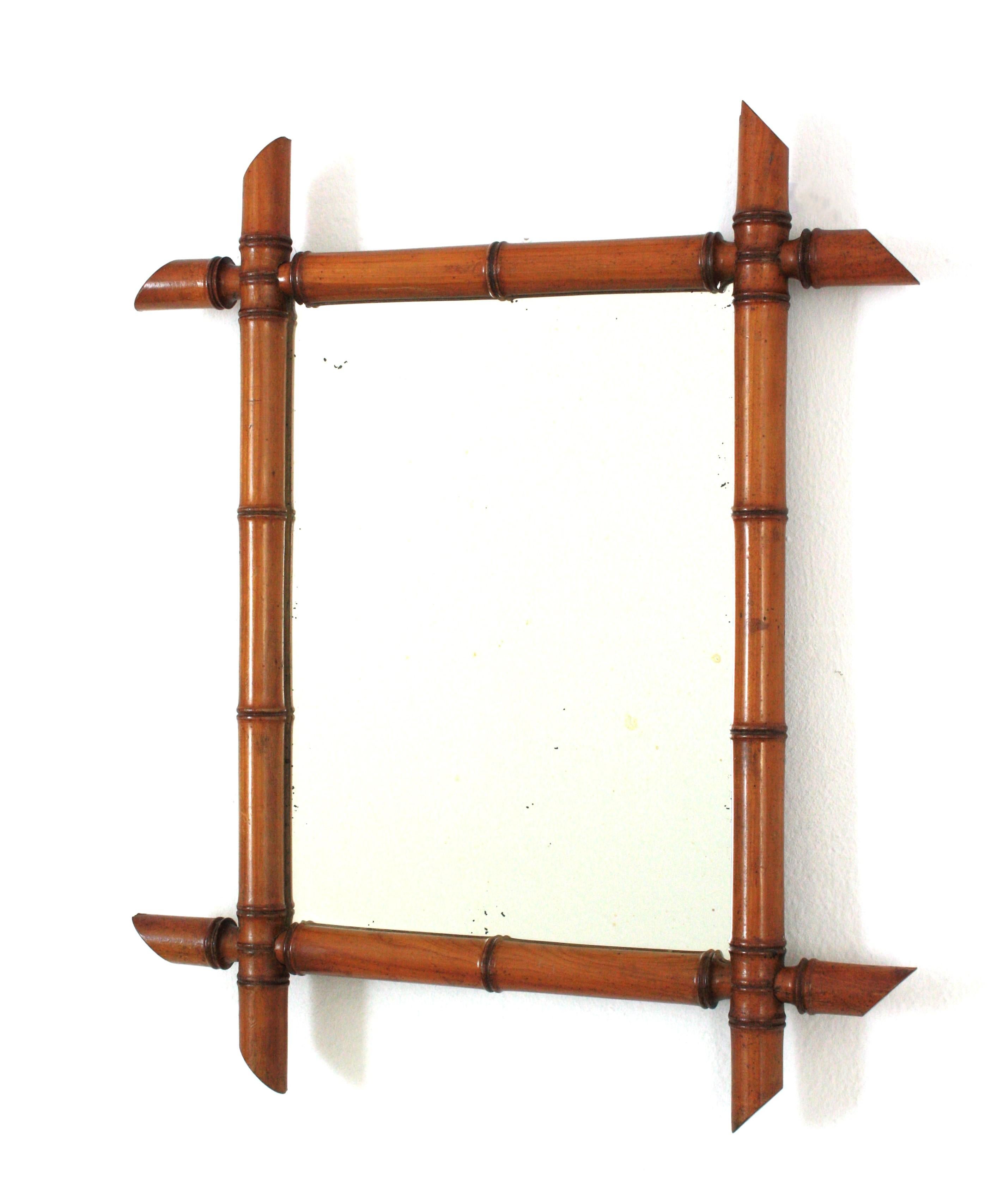 French Beech Wood Faux Bamboo Wall Mirror For Sale 3