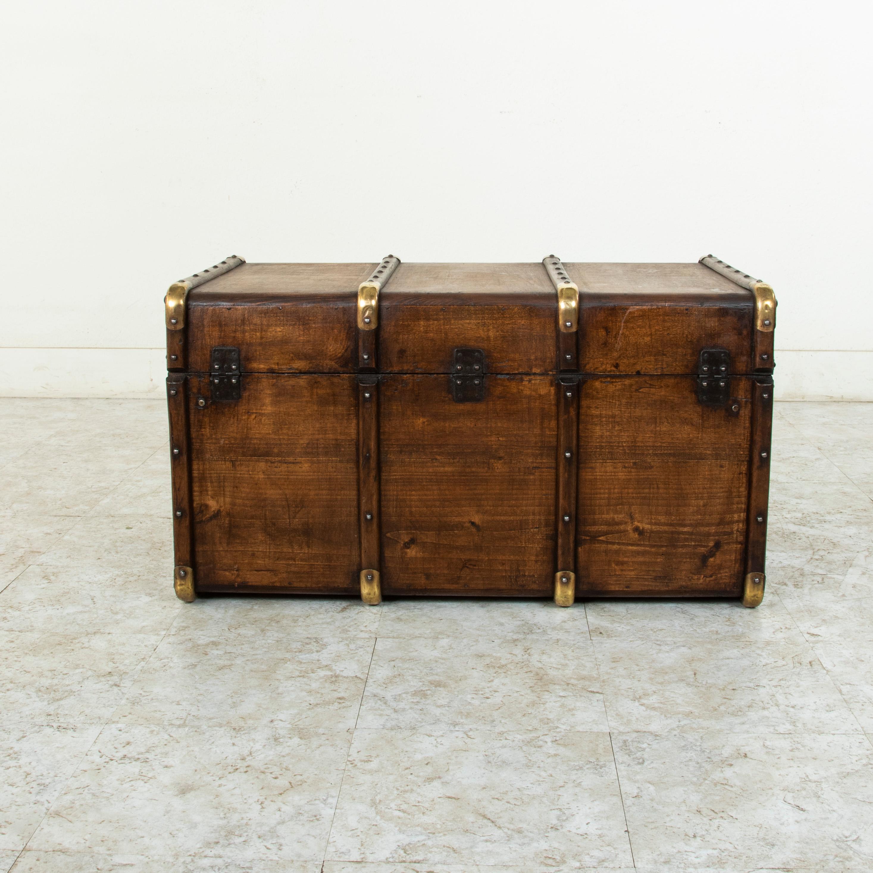 French Beechwood Trunk with Runners Brass Detailing and Leather Handles In Good Condition In Fayetteville, AR
