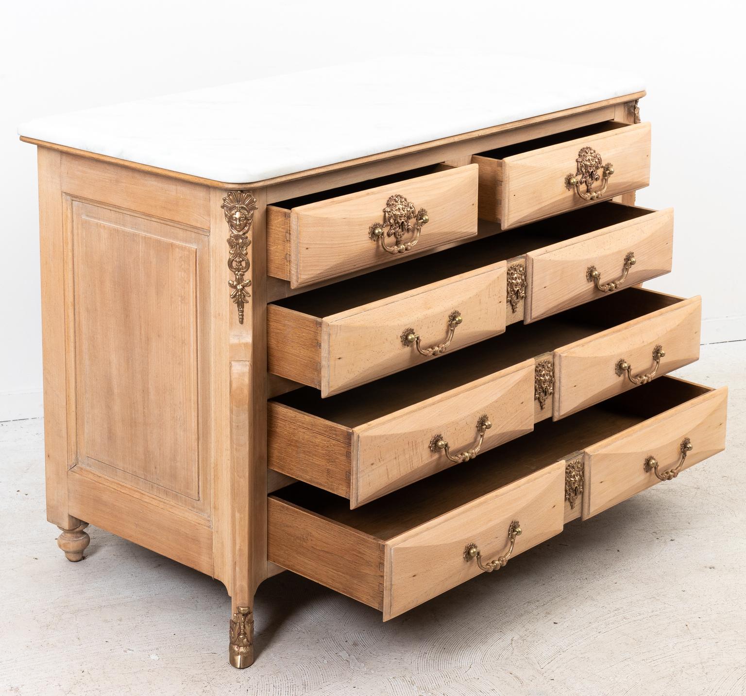 Bronze French Beechwood Chest of Drawers with Marble Top For Sale