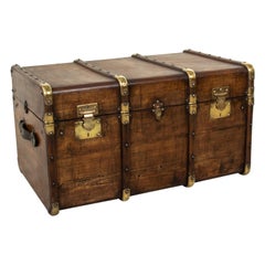 Antique French Beechwood Trunk with Runners Brass Detailing and Leather Handles