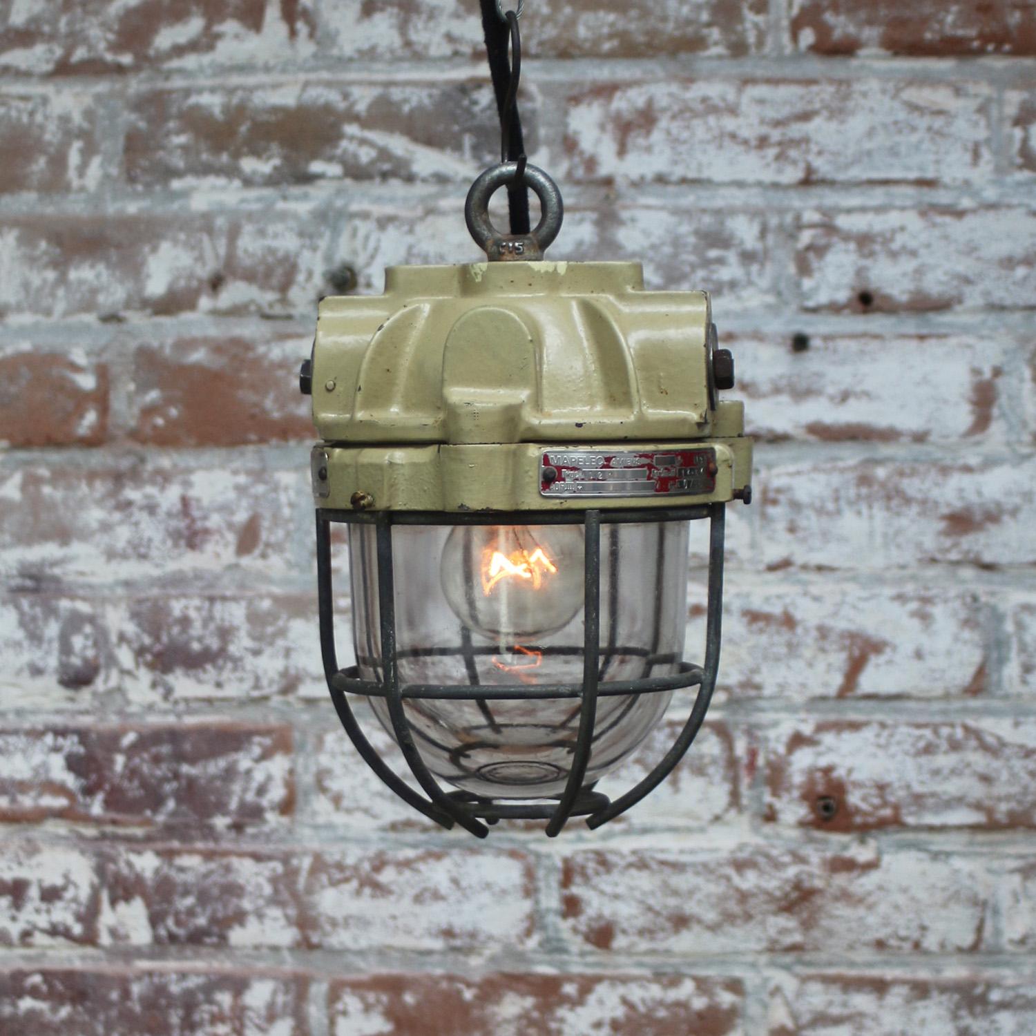 Glass French Beige Brown Cast Iron Vintage Industrial Pendant Lamp by Mapelec Amiens For Sale