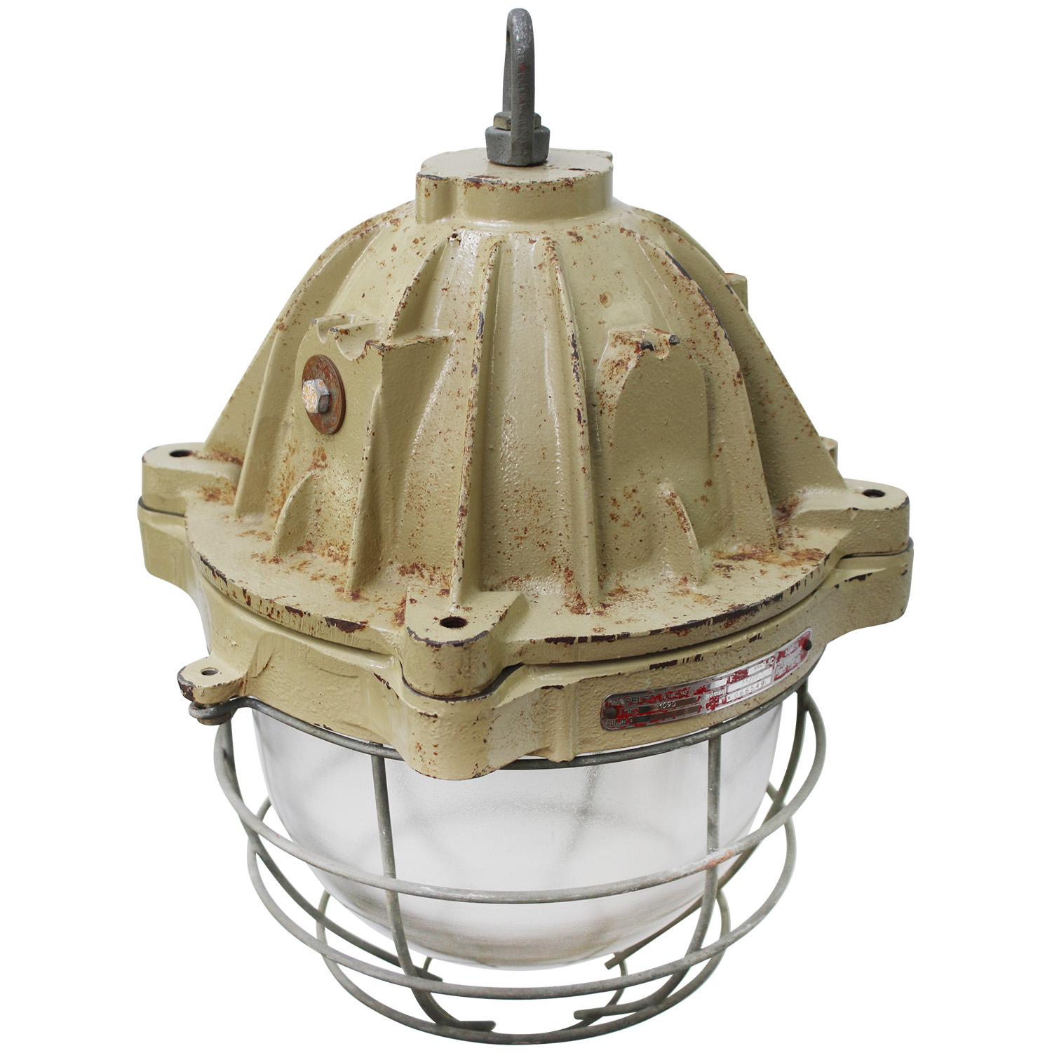 French Beige Brown Cast Iron Vintage Industrial Pendant Lights by Mapelec Amiens In Good Condition For Sale In Amsterdam, NL