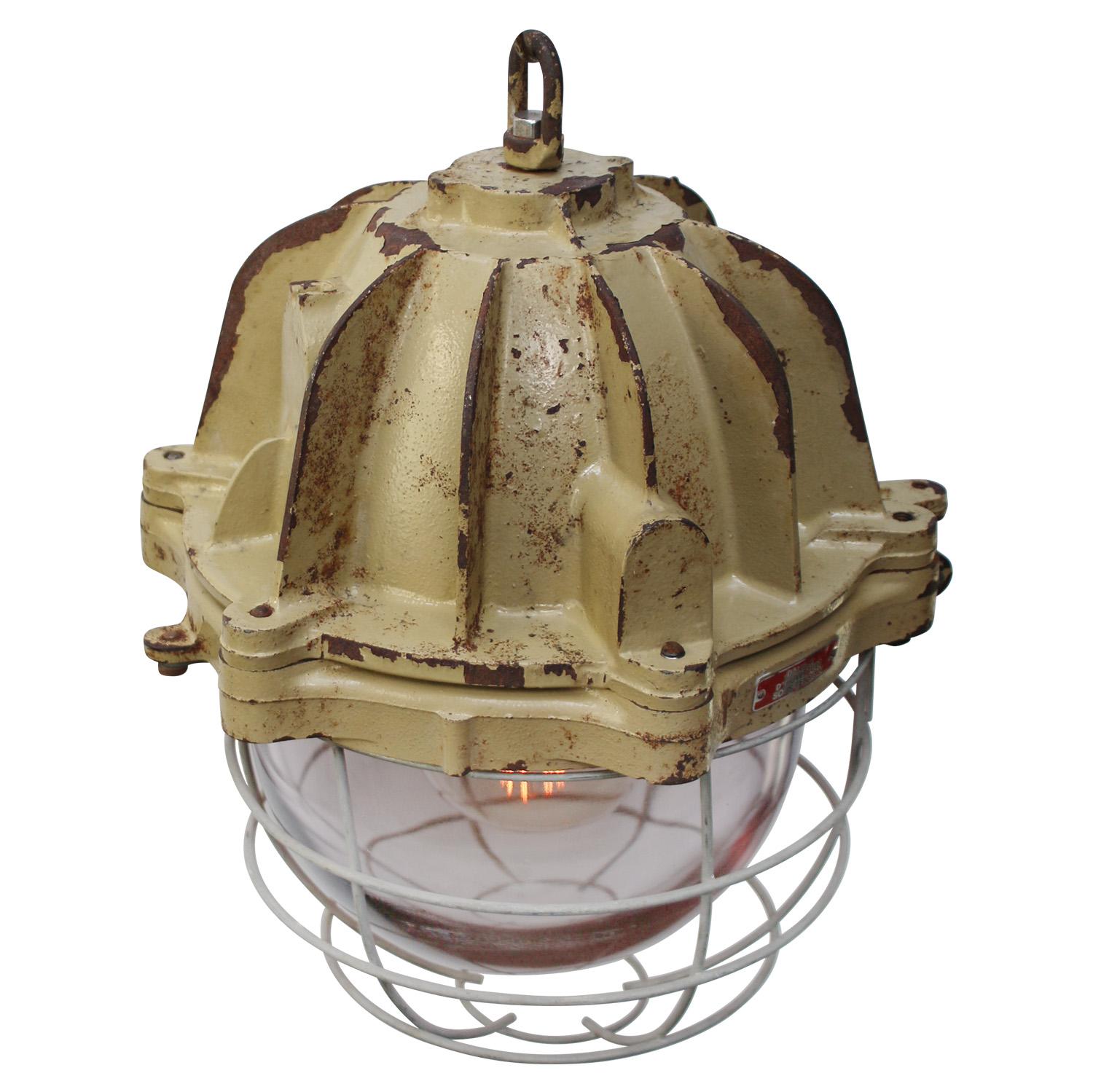 French Beige Brown Cast Iron Vintage Industrial Pendant Lights by Mapelec Amiens In Good Condition For Sale In Amsterdam, NL