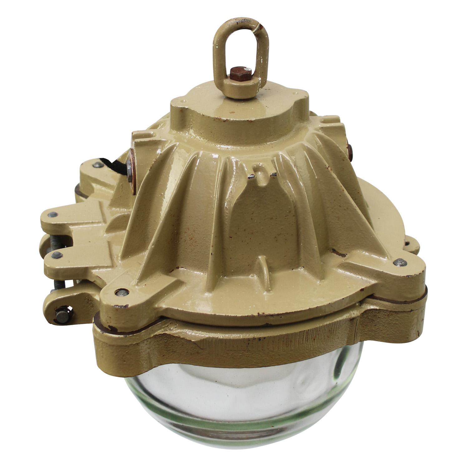 French Beige Brown Cast Iron Vintage Industrial Pendant Lights by Mapelec Amiens In Good Condition For Sale In Amsterdam, NL