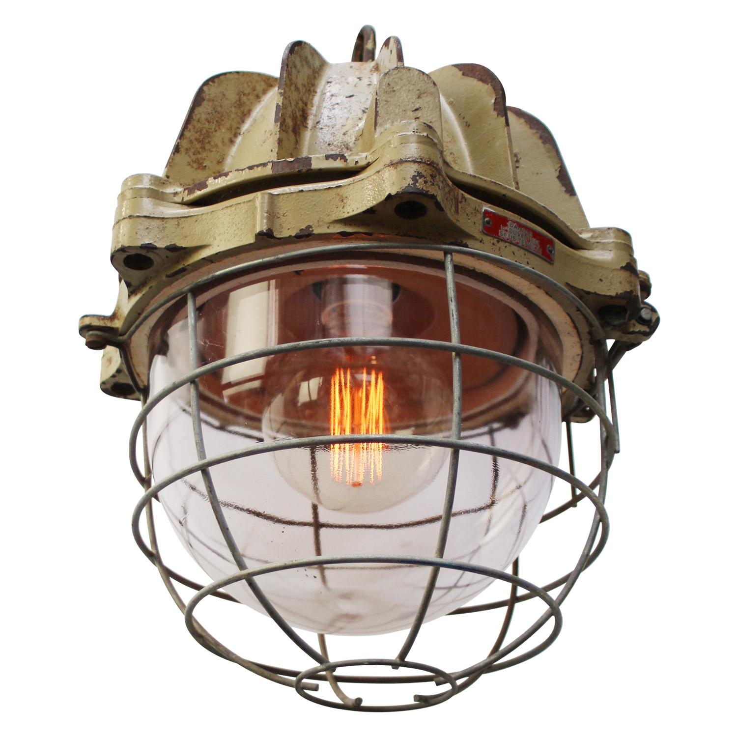 Late 20th Century French Beige Brown Cast Iron Vintage Industrial Pendant Lights by Mapelec Amiens For Sale
