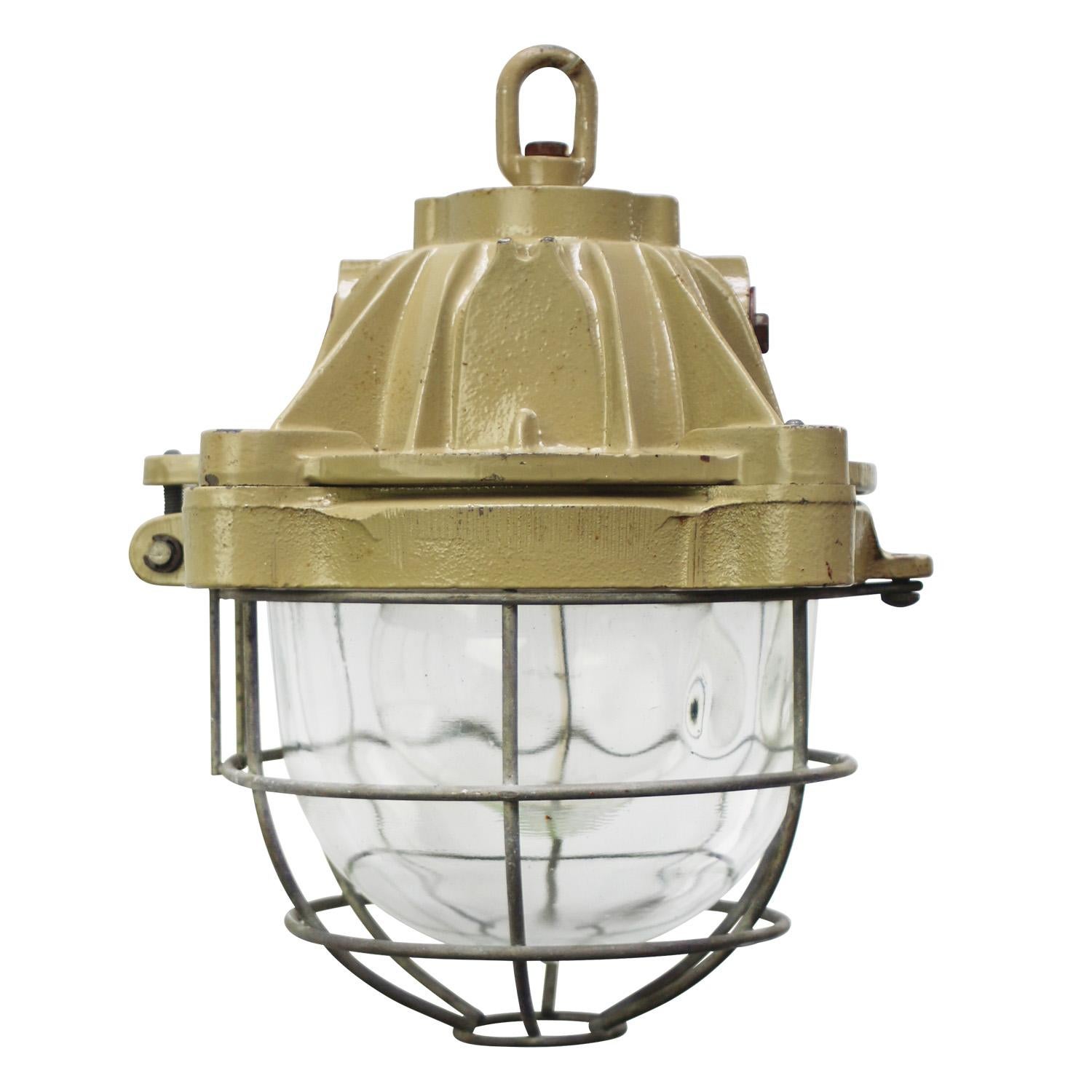 Glass French Beige Brown Cast Iron Vintage Industrial Pendant Lights by Mapelec Amiens For Sale