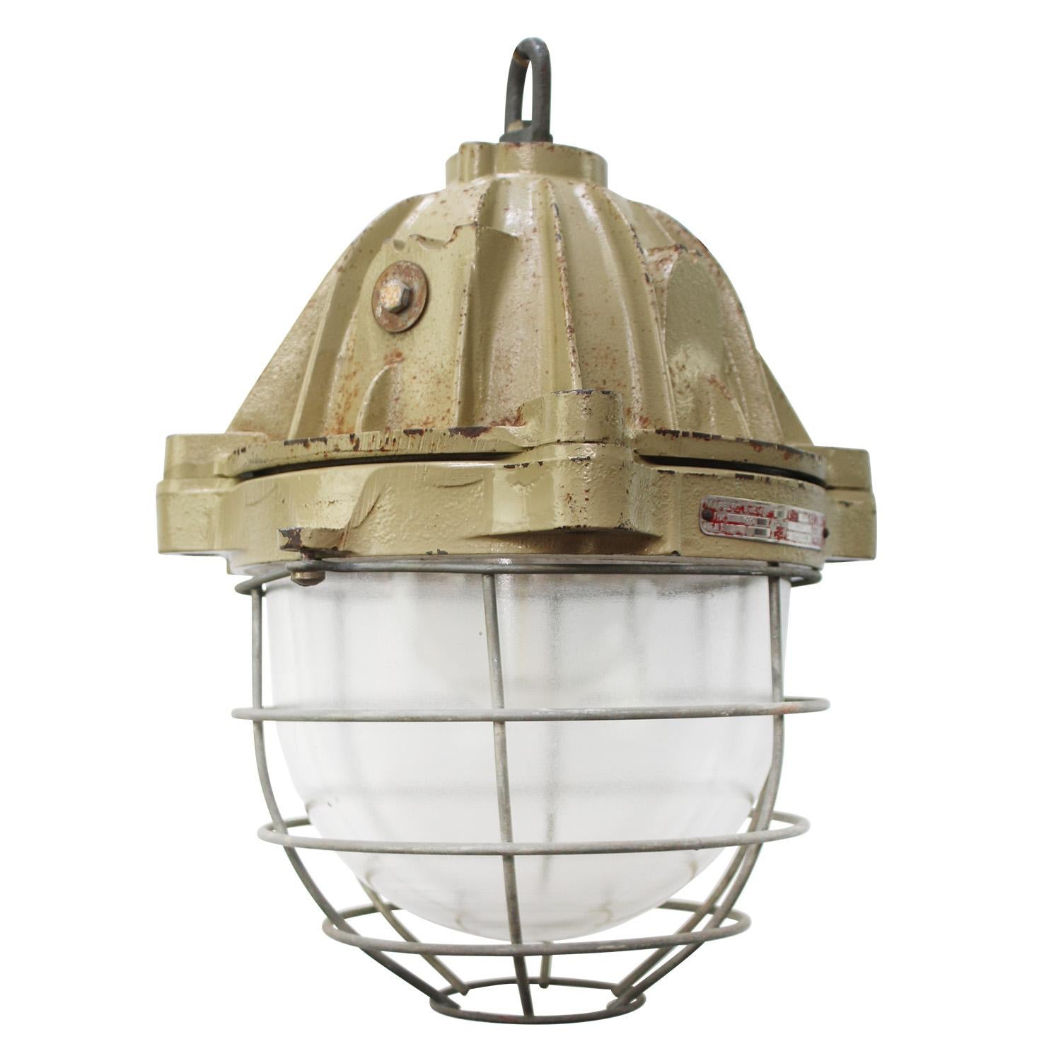 Glass French Beige Brown Cast Iron Vintage Industrial Pendant Lights by Mapelec Amiens For Sale