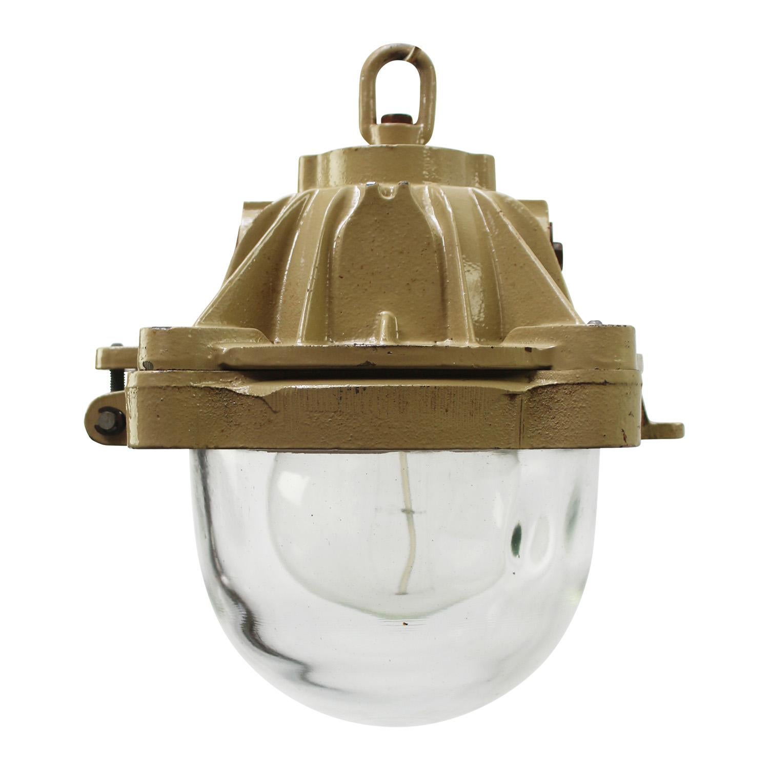 Glass French Beige Brown Cast Iron Vintage Industrial Pendant Lights by Mapelec Amiens For Sale