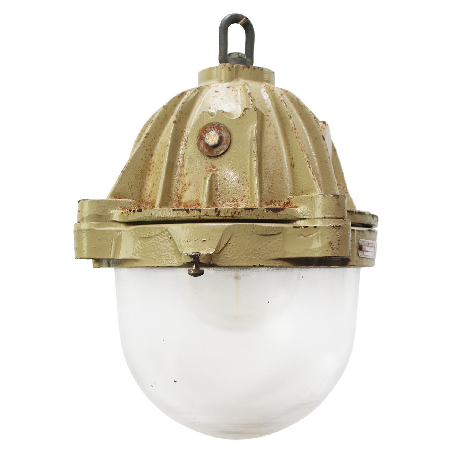 Glass French Beige Brown Cast Iron Vintage Industrial Pendant Lights by Mapelec Amiens For Sale