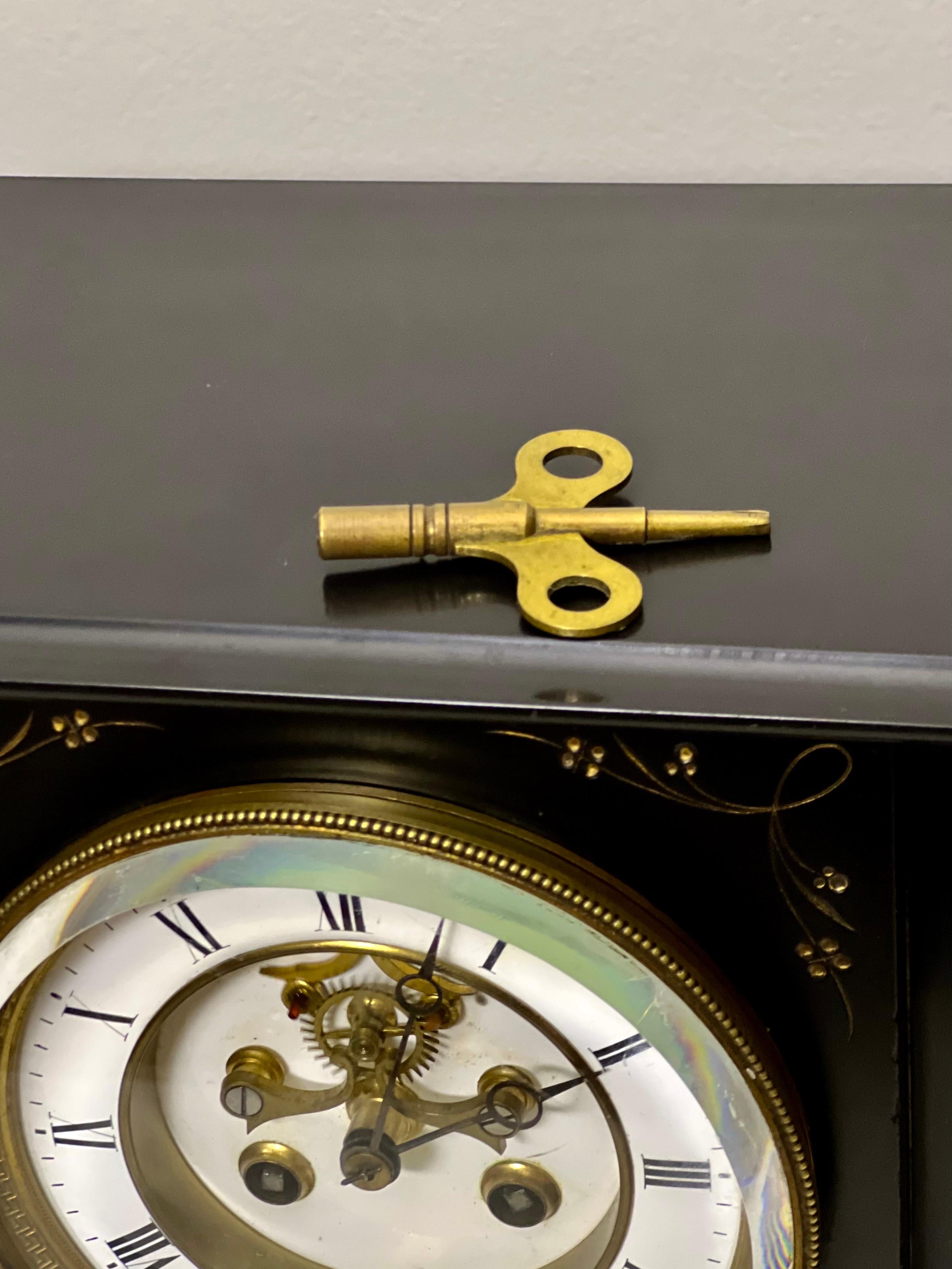 French Belgian Black Slate Mantle Clock with Open Escapement and Malachite Inlay For Sale 6